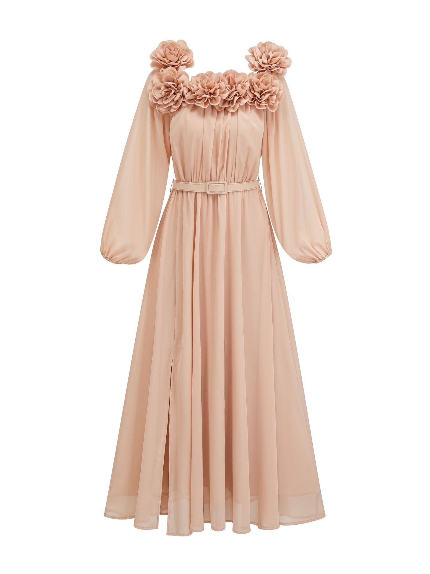 Elegant Khaki 3D Flowers Neckline Long Sleeves Prom Dresses With Belt, Khaki / XL Elegant Khaki 3D Flowers Neckline Long Sleeves Prom Dresses With Belt, Khaki / XL