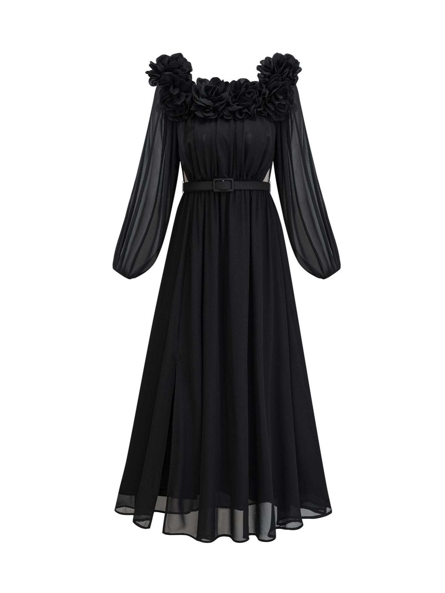 chinese dress ladies Elegant Black 3D Flowers Neckline Long Sleeves Formal with Belt, Black / L