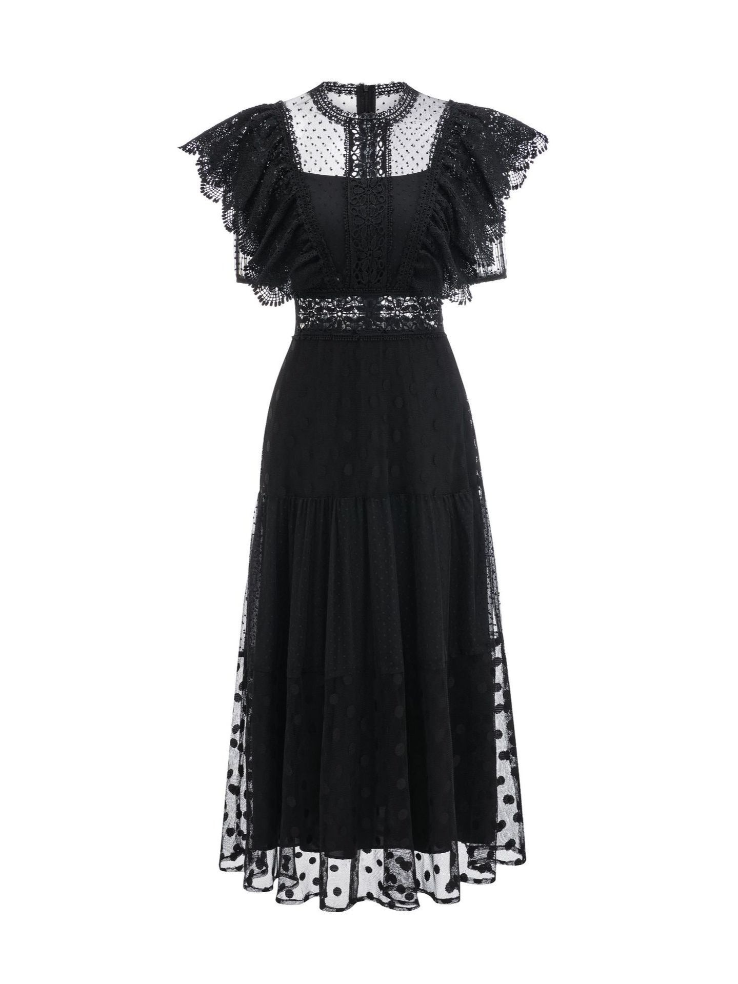 Black Round Neck Puffy Sleeves Waist Slimming Polka Dot Lace Long Prom Dress, Black / M Black Round Neck Puffy Sleeves Waist Slimming Polka Dot Lace Long Prom Dress, Black / M