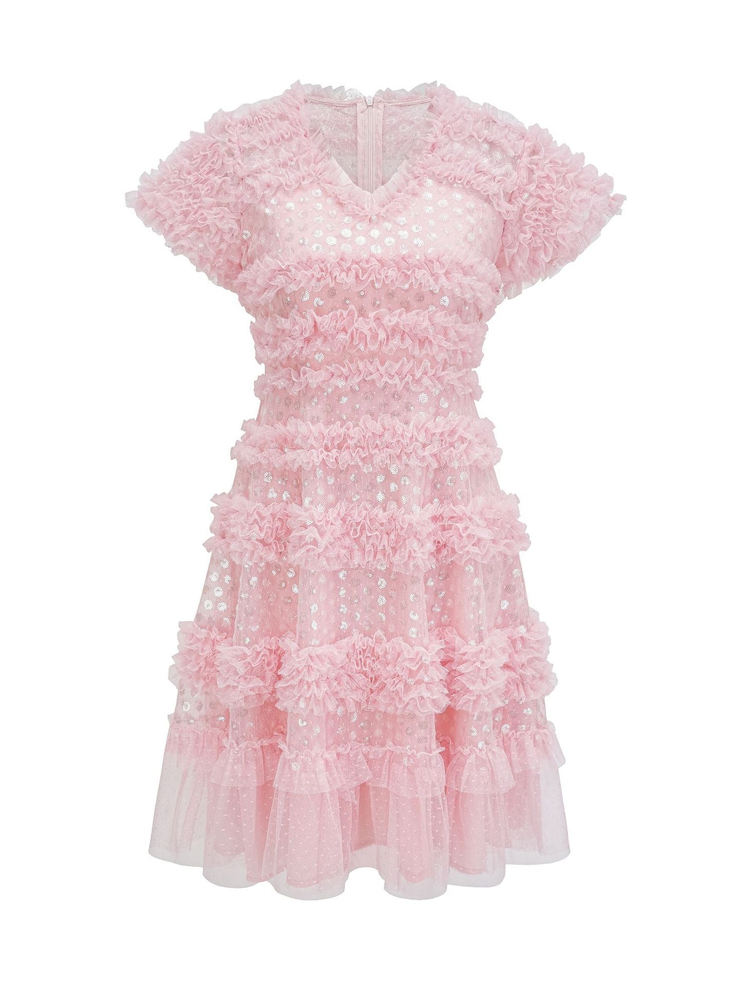 Pink Cute Shiny Glitter V Neck Short Sleeves Formal Dress, Pink / S Pink Cute Shiny Glitter V Neck Short Sleeves Formal Dress, Pink / S