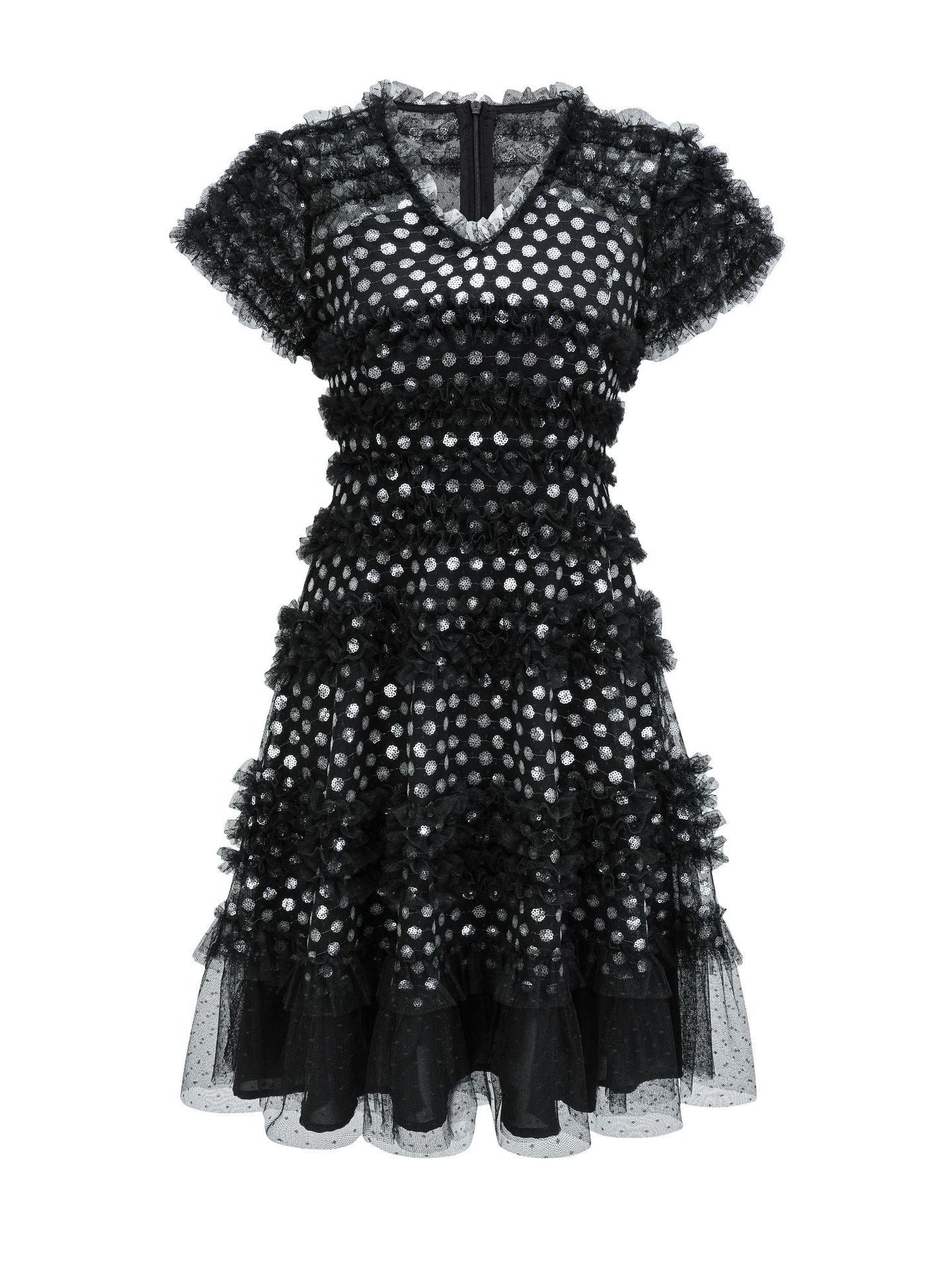 Cute Shiny Glitter V Neck Black Short Sleeves Prom Dress, Black / S Cute Shiny Glitter V Neck Black Short Sleeves Prom Dress, Black / S