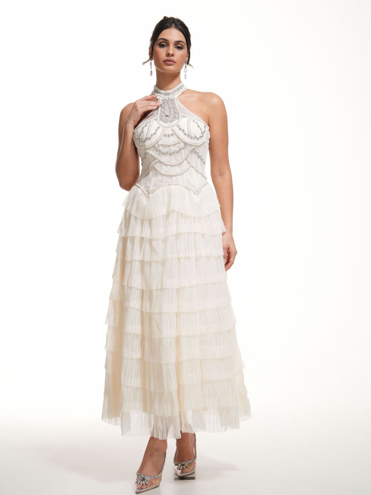 Apricot Halter Sleeveless Back Zip Layers Beading Long Formal Dress, Apricot / S Apricot Halter Sleeveless Back Zip Layers Beading Long Formal Dress, Apricot / S
