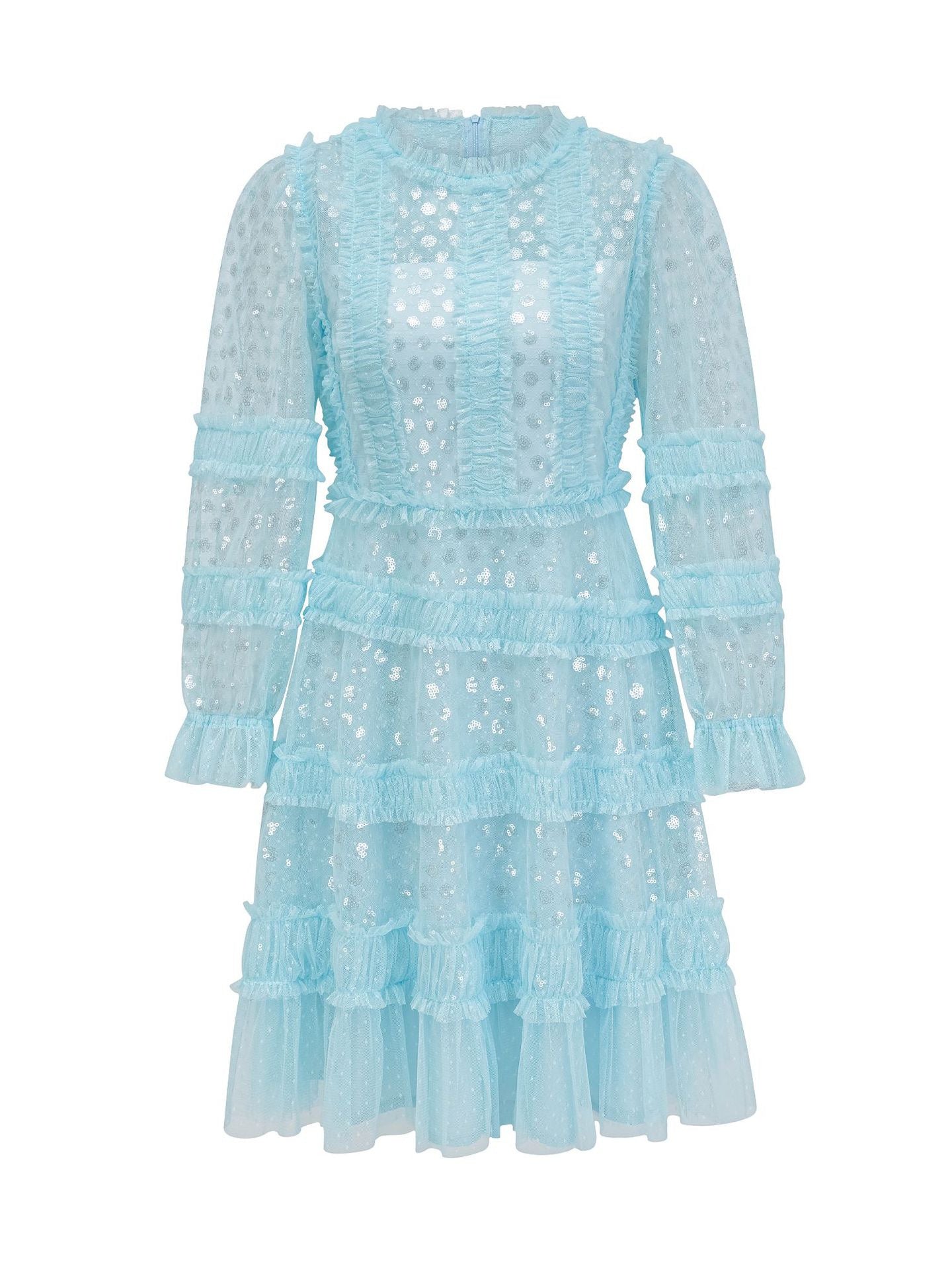 Sky Blue Shiny Round Neck Sequins Long Sleeves Short Formal Dress, Sky_Blue / S Sky Blue Shiny Round Neck Sequins Long Sleeves Short Formal Dress, Sky_Blue / S