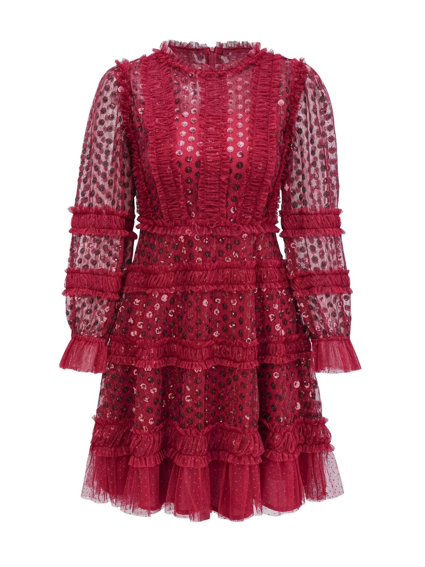 Shiny Red Round Neck Sequins Long Sleeves Short Formal Dress, Red / L Shiny Red Round Neck Sequins Long Sleeves Short Formal Dress, Red / L