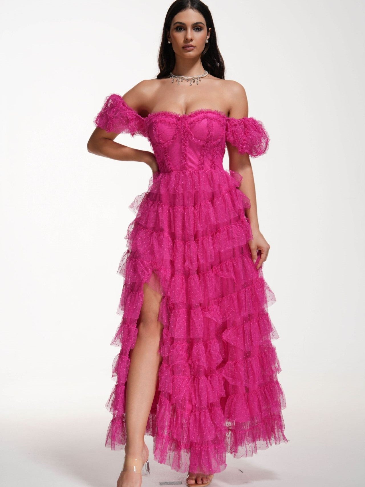 Fuchsia Sweet Polka Dot Mesh Off The Shoulder Long Formal Dress with Slit, Fuchsia / L Fuchsia Sweet Polka Dot Mesh Off The Shoulder Long Formal Dress with Slit, Fuchsia / L