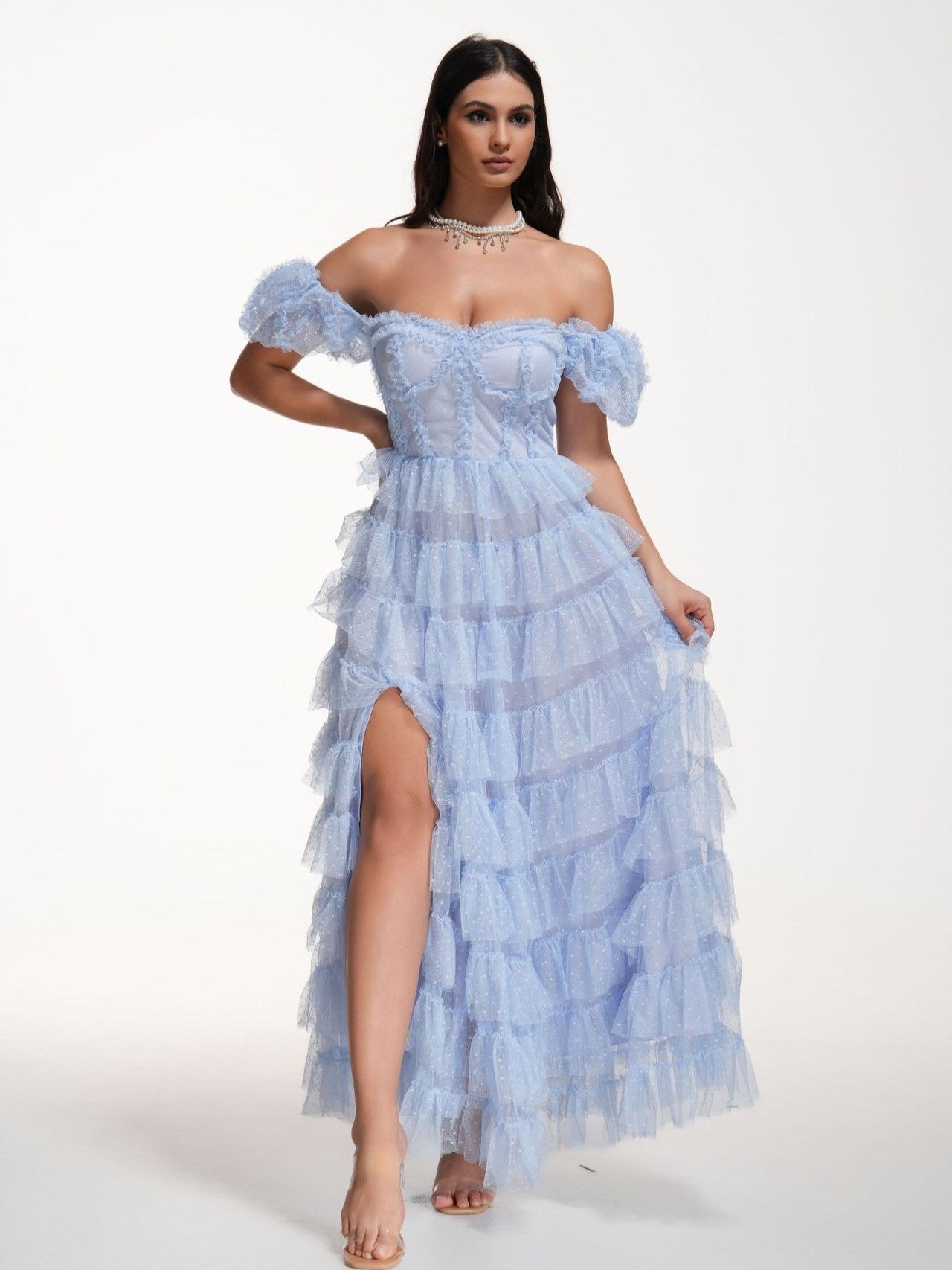 Sweet Polka Dot Mesh Off The Shoulder Long Prom Dress with Slit, Lavender / L Sweet Polka Dot Mesh Off The Shoulder Long Prom Dress with Slit, Lavender / L
