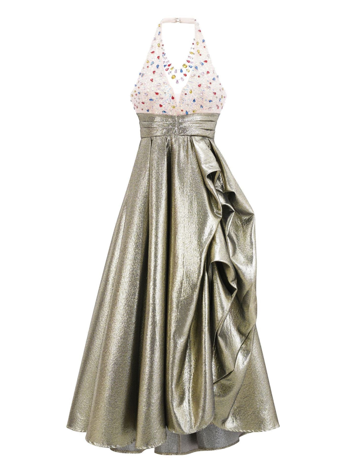 Gold Halter V-Neck Backless Diamonds Beaded Bodice Formal Dress Gold Halter V-Neck Backless Diamonds Beaded Bodice Formal Dress