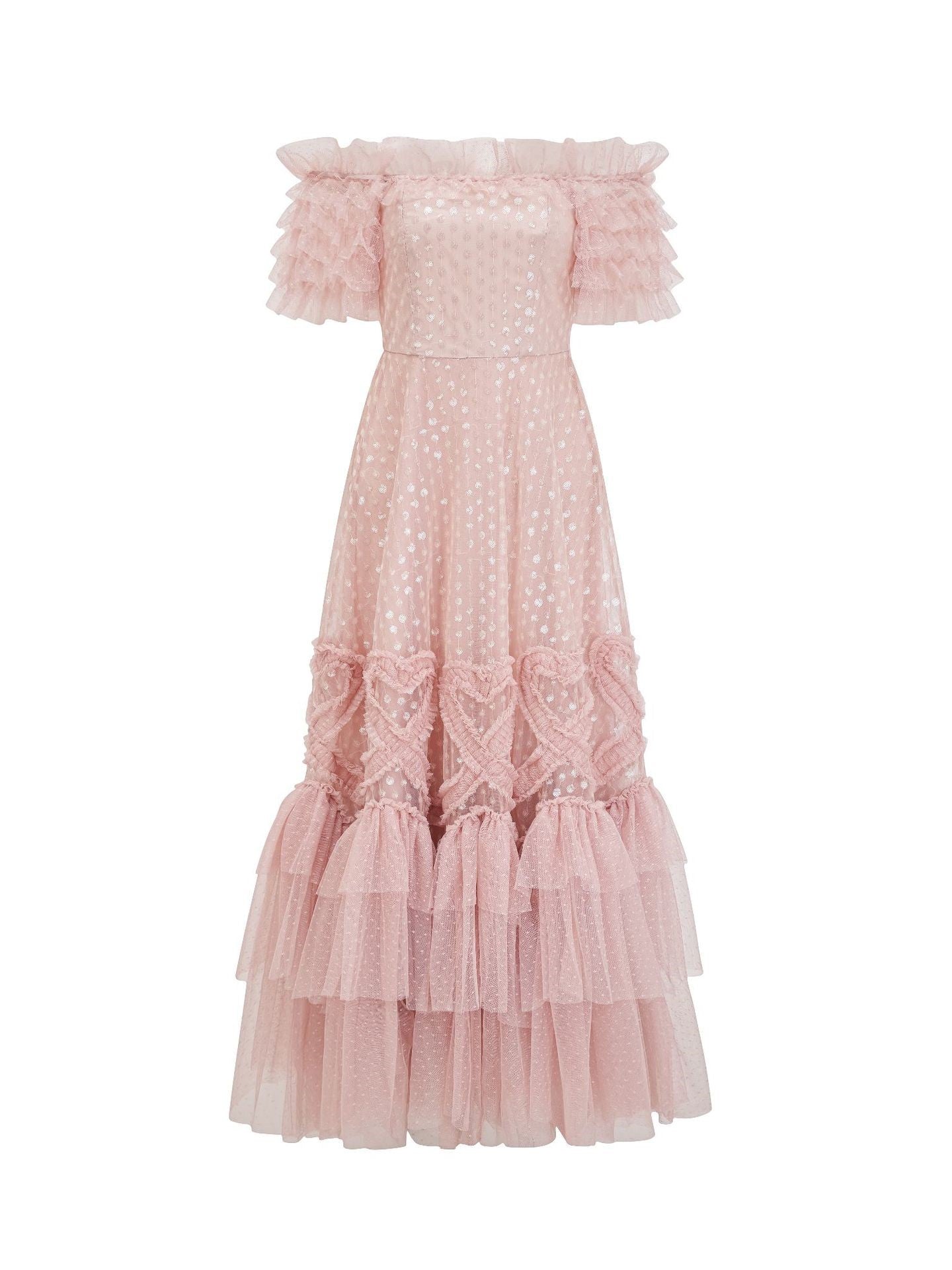 Off The Shoulder Ruffles Sequins Layers Pink Long Formal Dress, Pink / XL Off The Shoulder Ruffles Sequins Layers Pink Long Formal Dress, Pink / XL