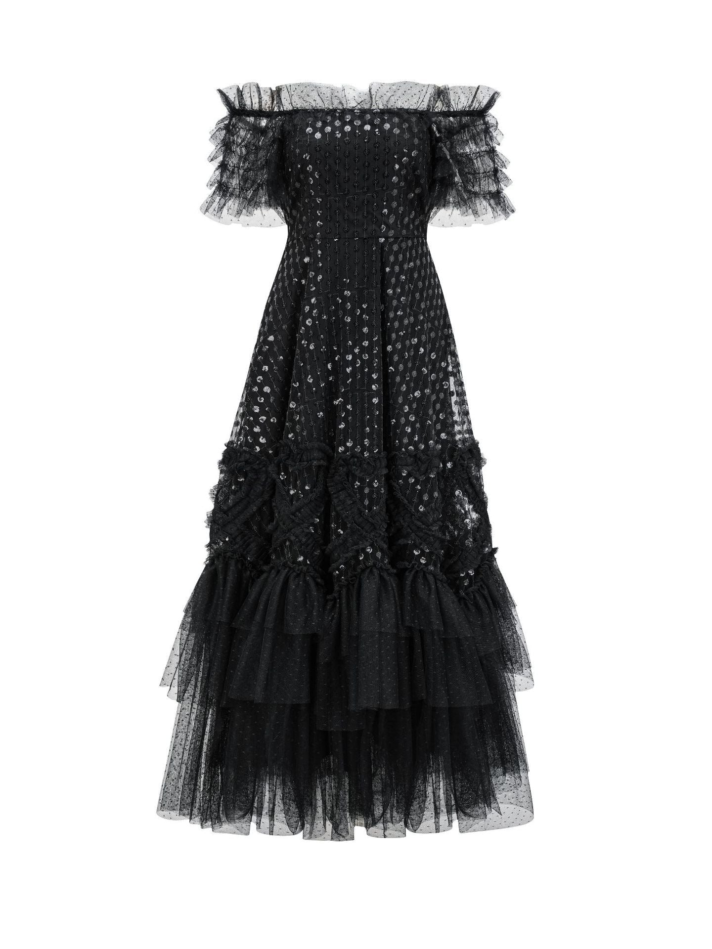 Off The Shoulder Ruffles Sequins Layers Black Long Formal Dress Off The Shoulder Ruffles Sequins Layers Black Long Formal Dress