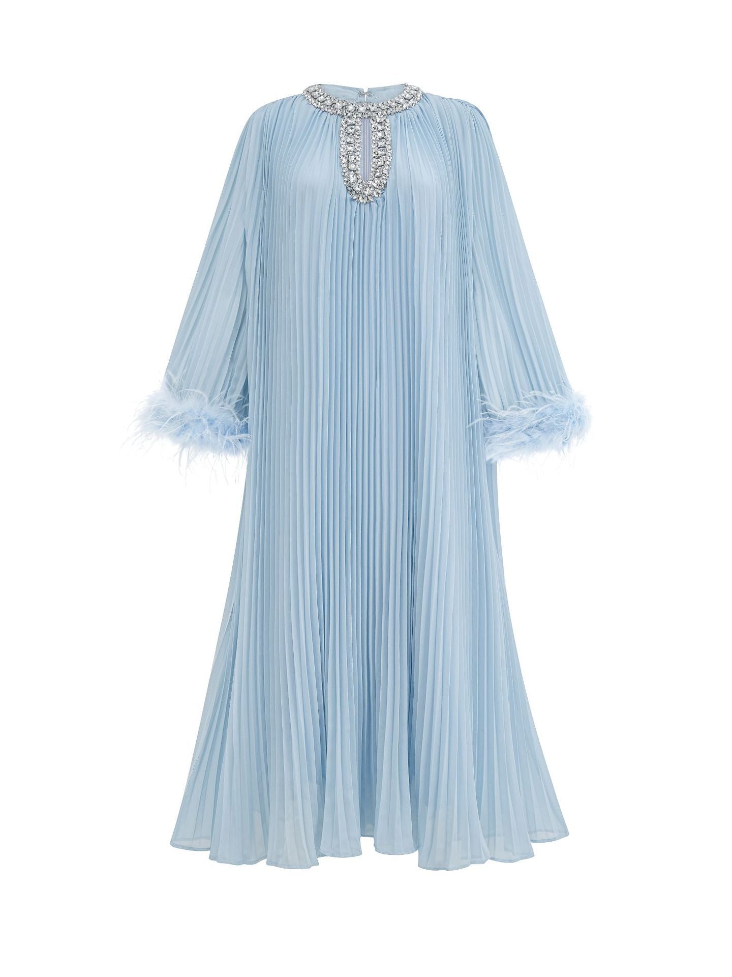 Sky Blue Round Diamond Neckline Long Sleeves Pleated Prom Dress Sky Blue Round Diamond Neckline Long Sleeves Pleated Prom Dress