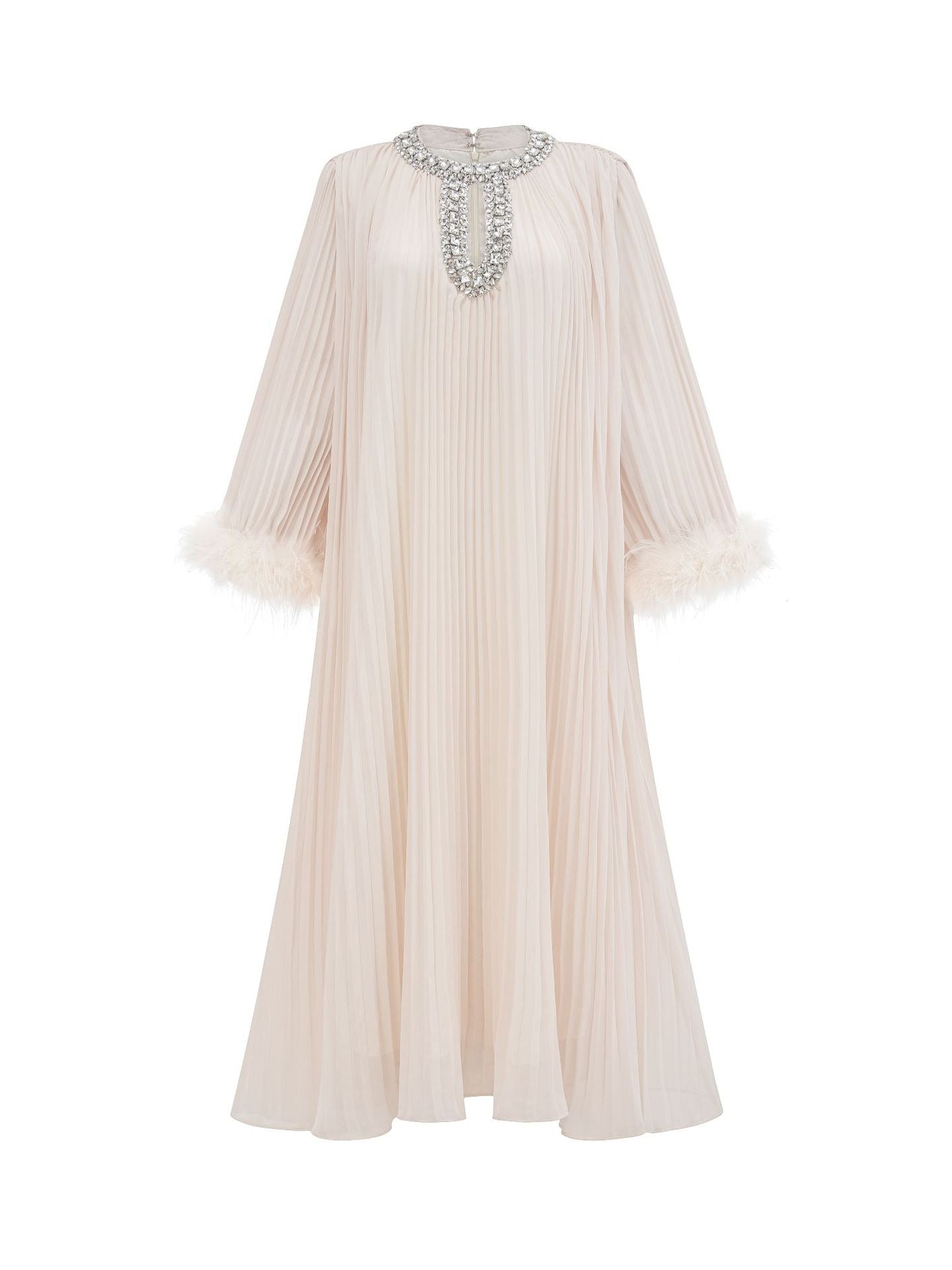 Round Diamond Neckline Long Sleeves Pleated Apricot Prom Dress Round Diamond Neckline Long Sleeves Pleated Apricot Prom Dress