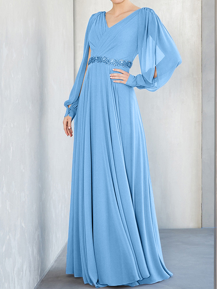 Long Sleeves V Neck Chiffon Beaded Waist Mother of the Groom Dress
