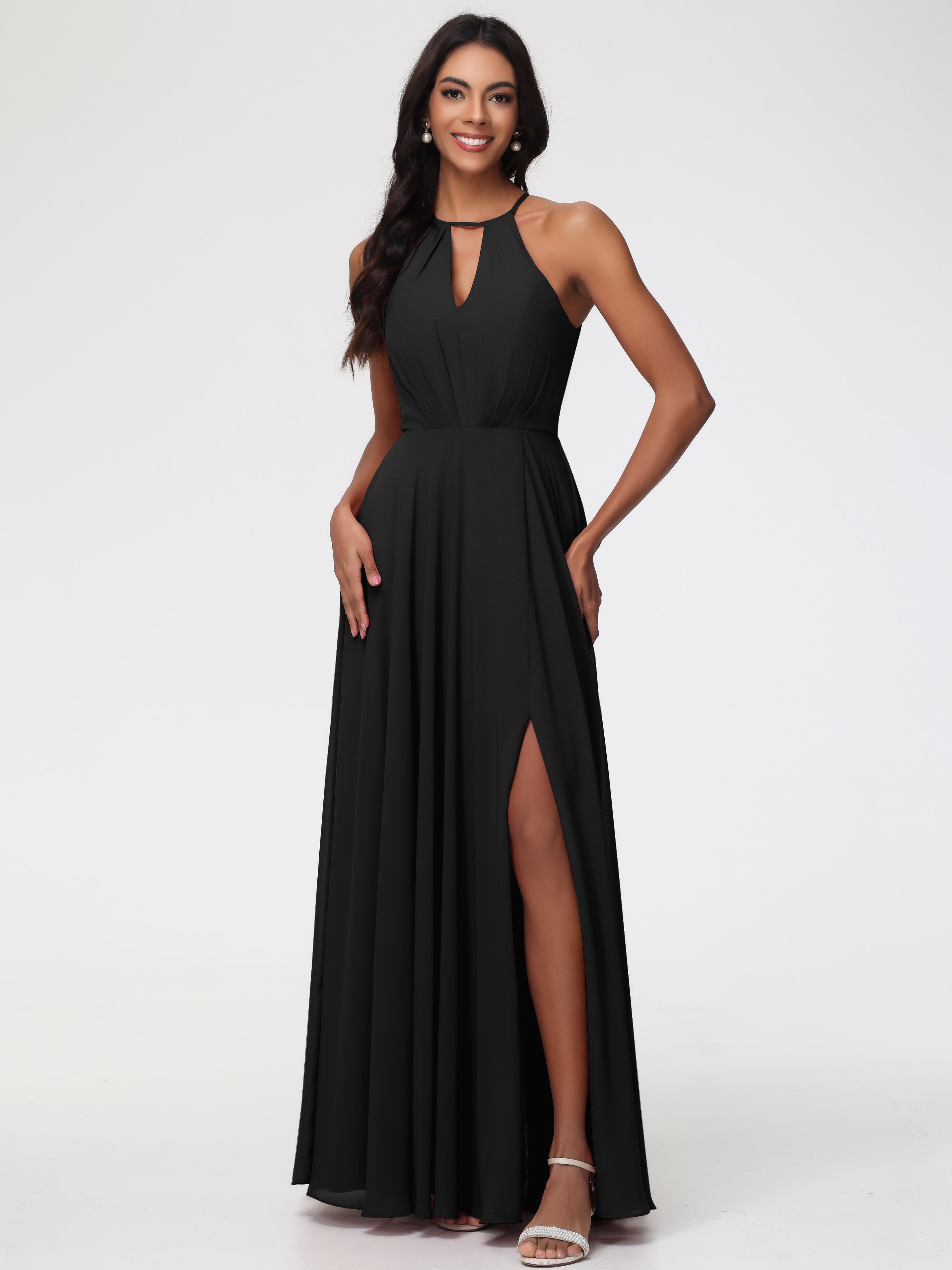 Bridesmaid Dresses Black Halter A-Line Sleeveless Floor Length Chiffon Bridesmaid Dresses with Slit Bridesmaid Dresses Black Halter A-Line Sleeveless Floor Length Chiffon Bridesmaid Dresses with Slit