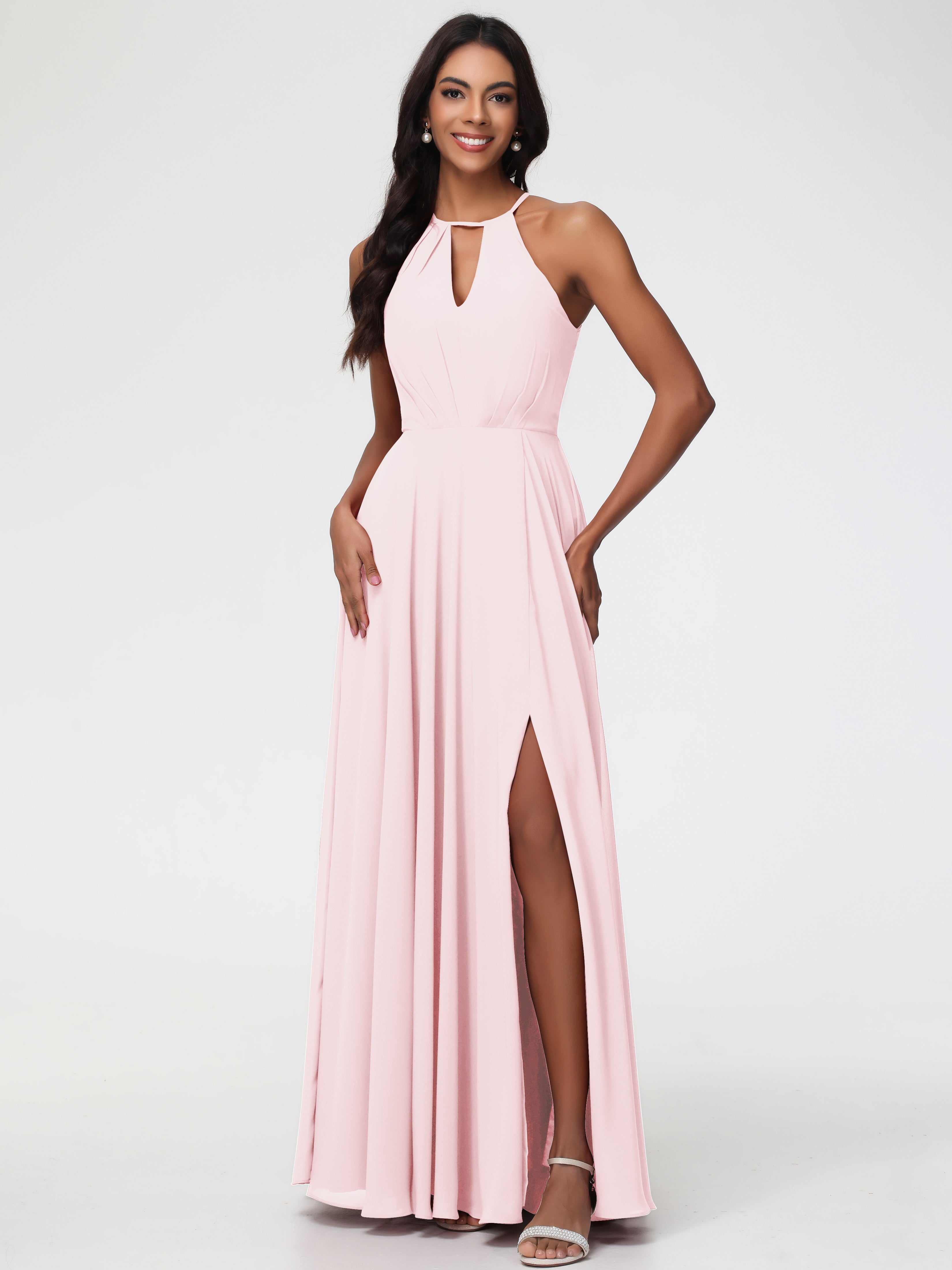 Blush Pink Halter Neck Bridesmaid Dress Halter A-Line Sleeveless Floor Length Chiffon Bridesmaid Dresses with Slit Blush Pink Halter Neck Bridesmaid Dress Halter A-Line Sleeveless Floor Length Chiffon Bridesmaid Dresses with Slit