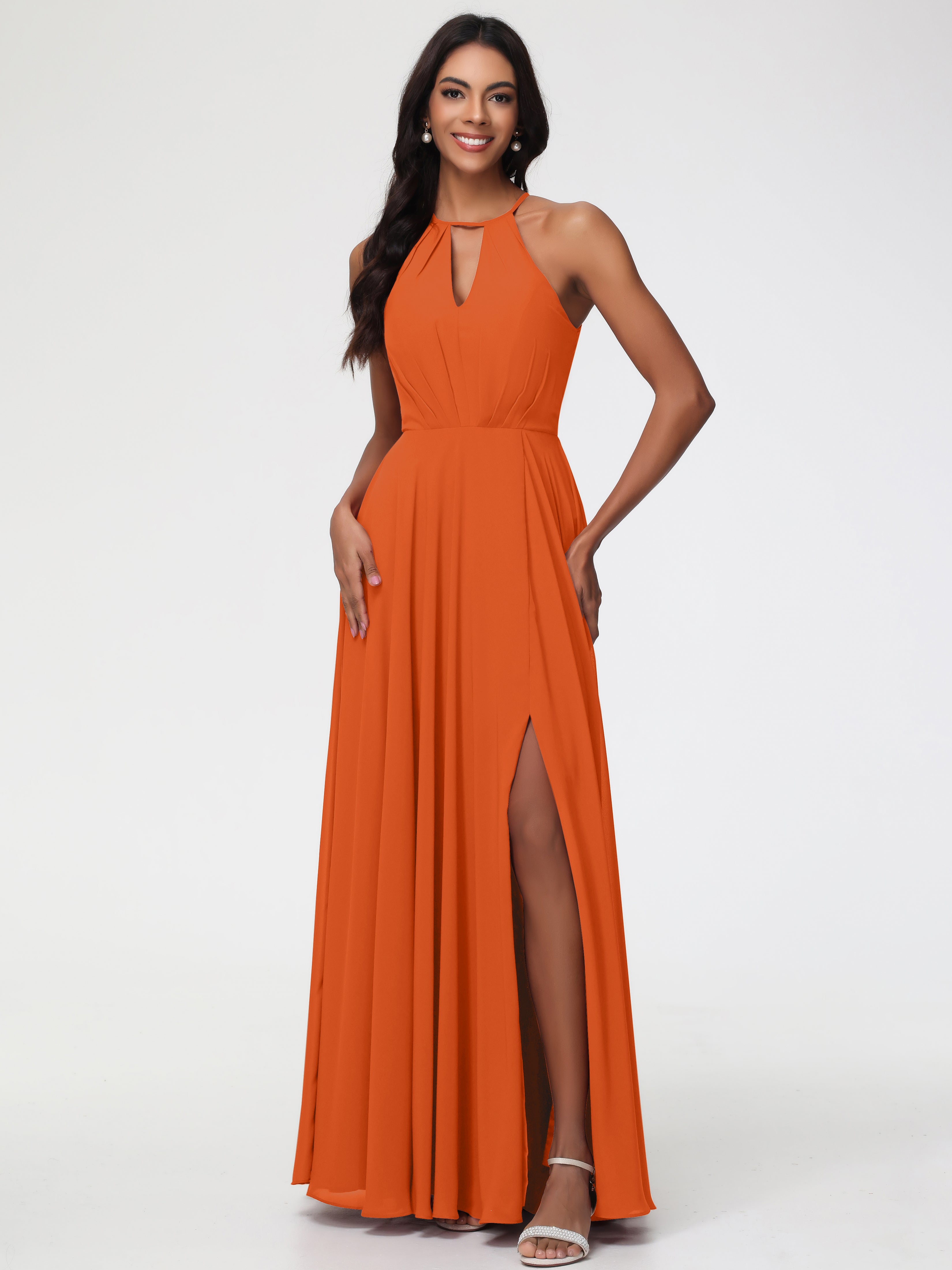 Girls Burnt Orange Bridesmaid Dresses Halter A-Line Sleeveless Floor Length Chiffon Bridesmaid Dresses with Slit Girls Burnt Orange Bridesmaid Dresses Halter A-Line Sleeveless Floor Length Chiffon Bridesmaid Dresses with Slit
