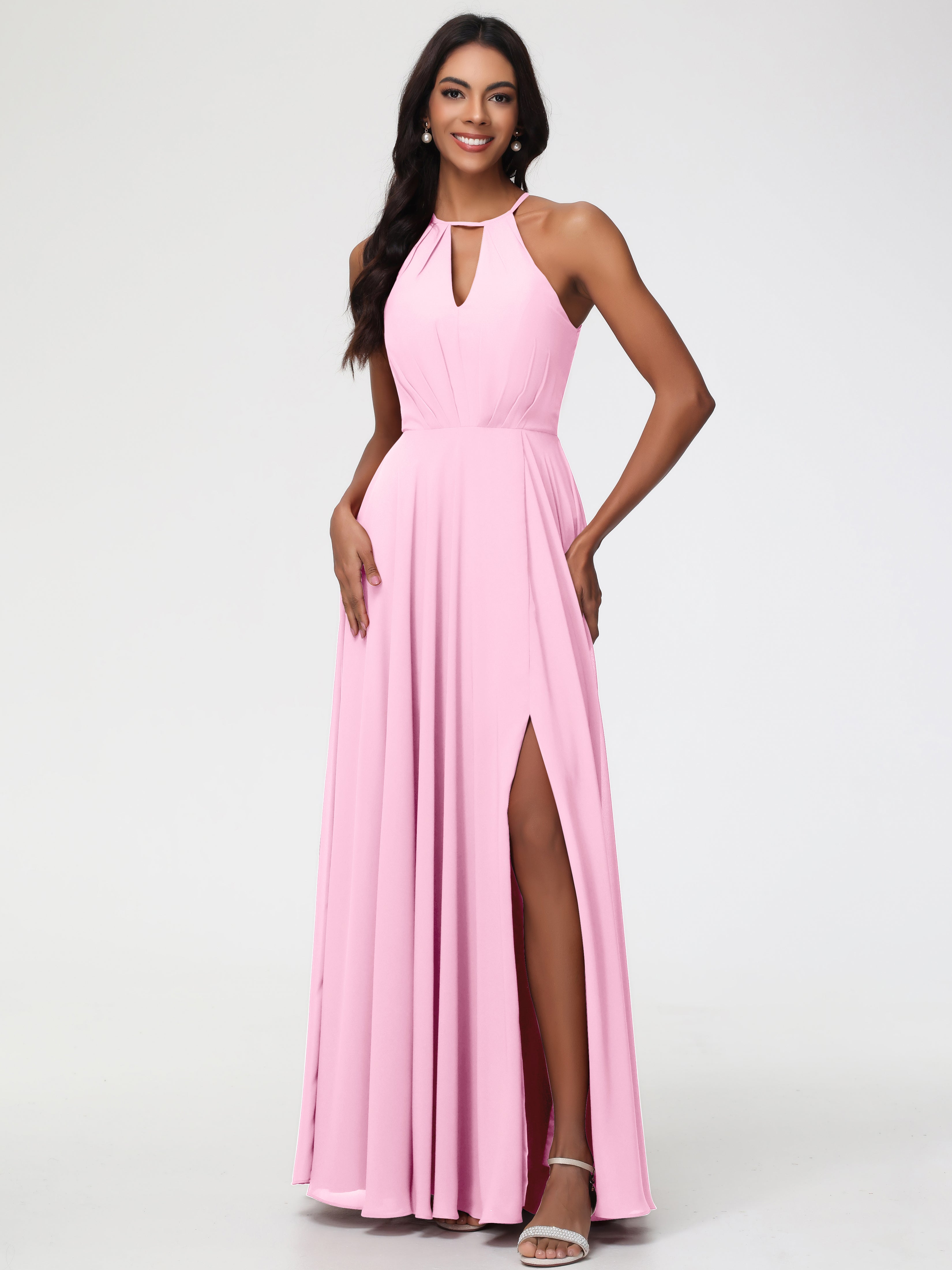 Candy Pink Bridesmaid Dresses Halter A-Line Sleeveless Floor Length Chiffon Bridesmaid Dresses with Slit Candy Pink Bridesmaid Dresses Halter A-Line Sleeveless Floor Length Chiffon Bridesmaid Dresses with Slit