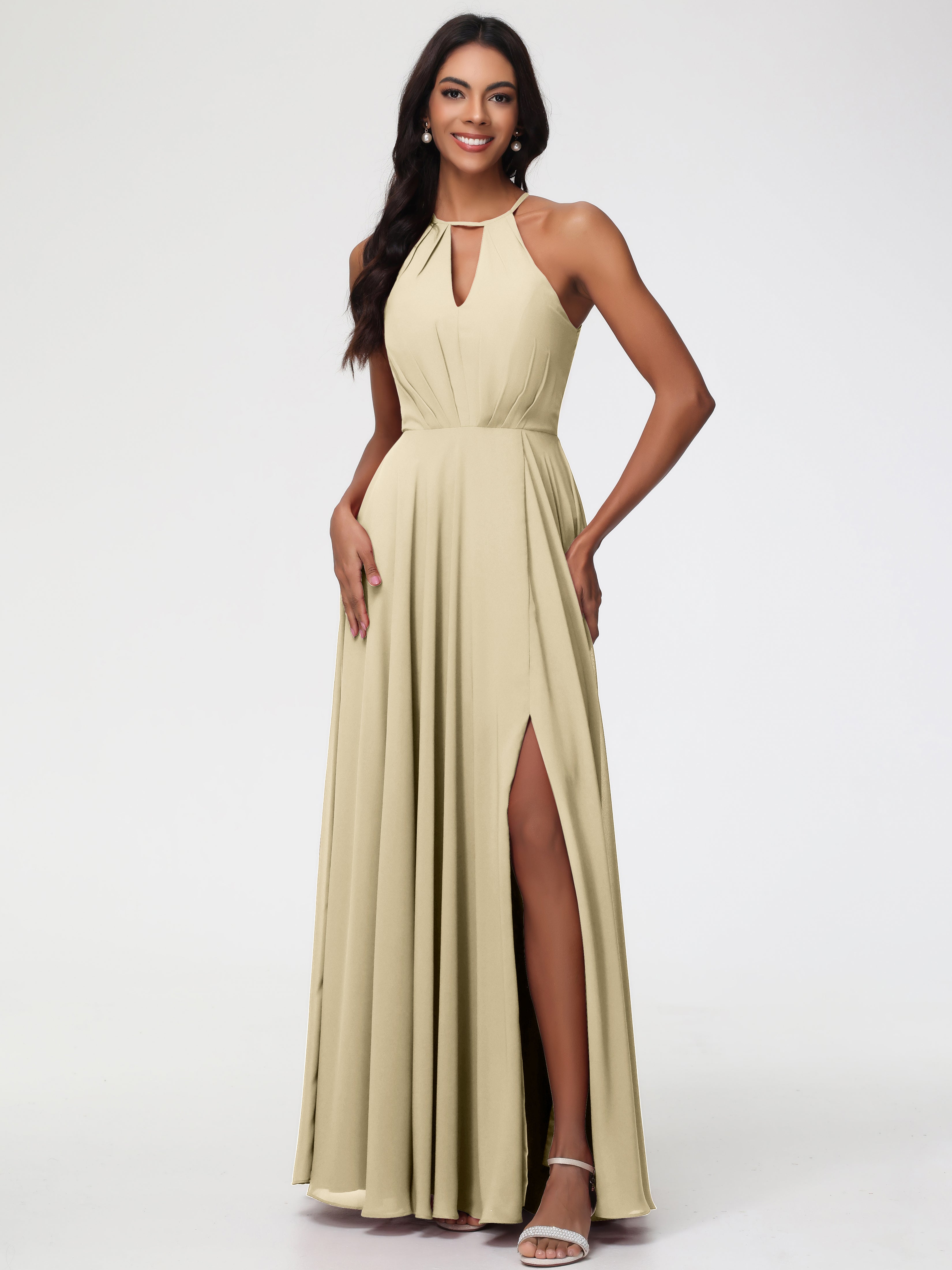 Champagne Dress Bridesmaid Halter A-Line Sleeveless Floor Length Chiff Champagne Dress Bridesmaid Halter A-Line Sleeveless Floor Length Chiff