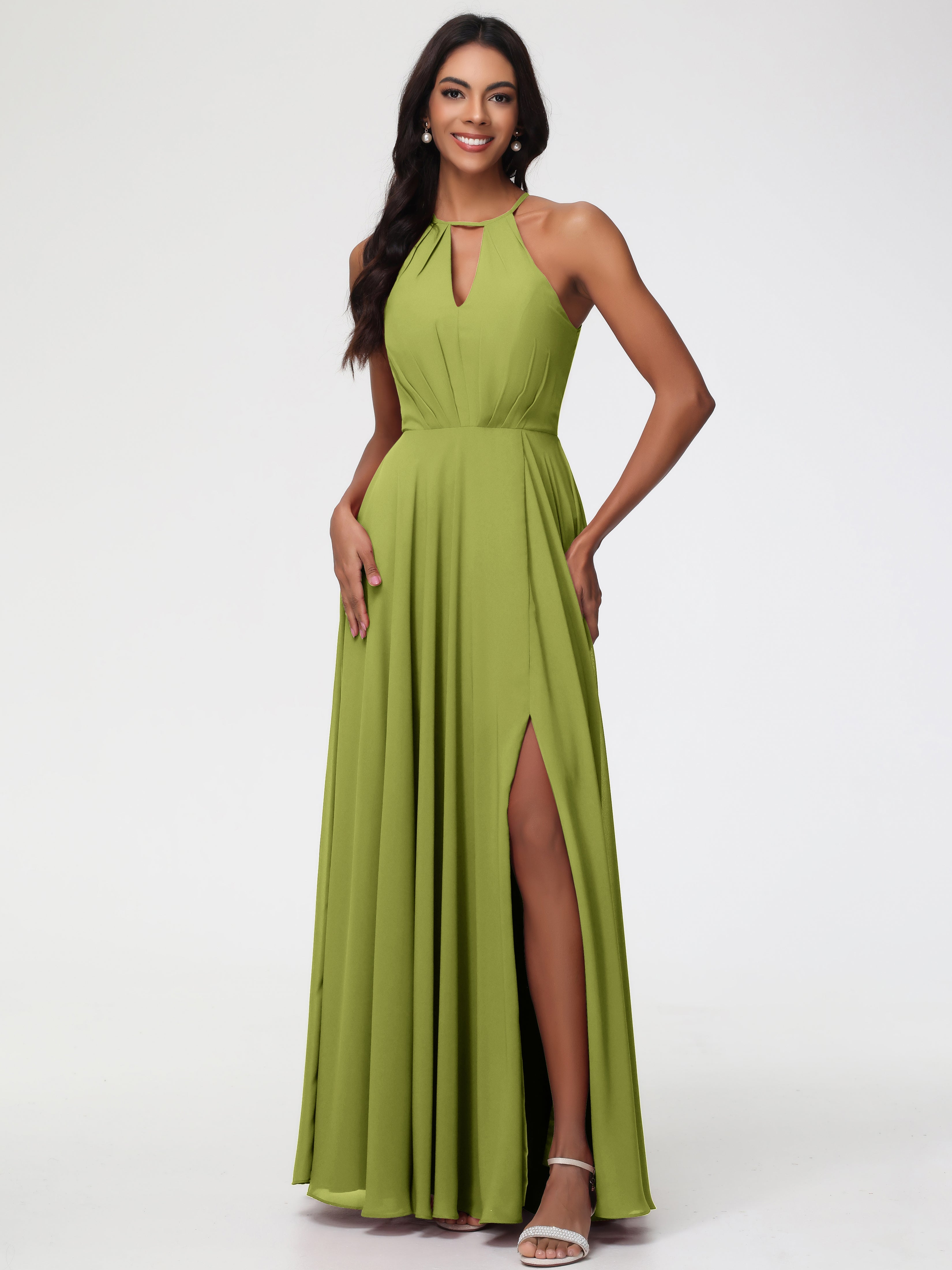 Clover Bridesmaid Halter A-Line Sleeveless Floor Length Chiffon Bridesmaid Dresses with Slit Clover Bridesmaid Halter A-Line Sleeveless Floor Length Chiffon Bridesmaid Dresses with Slit