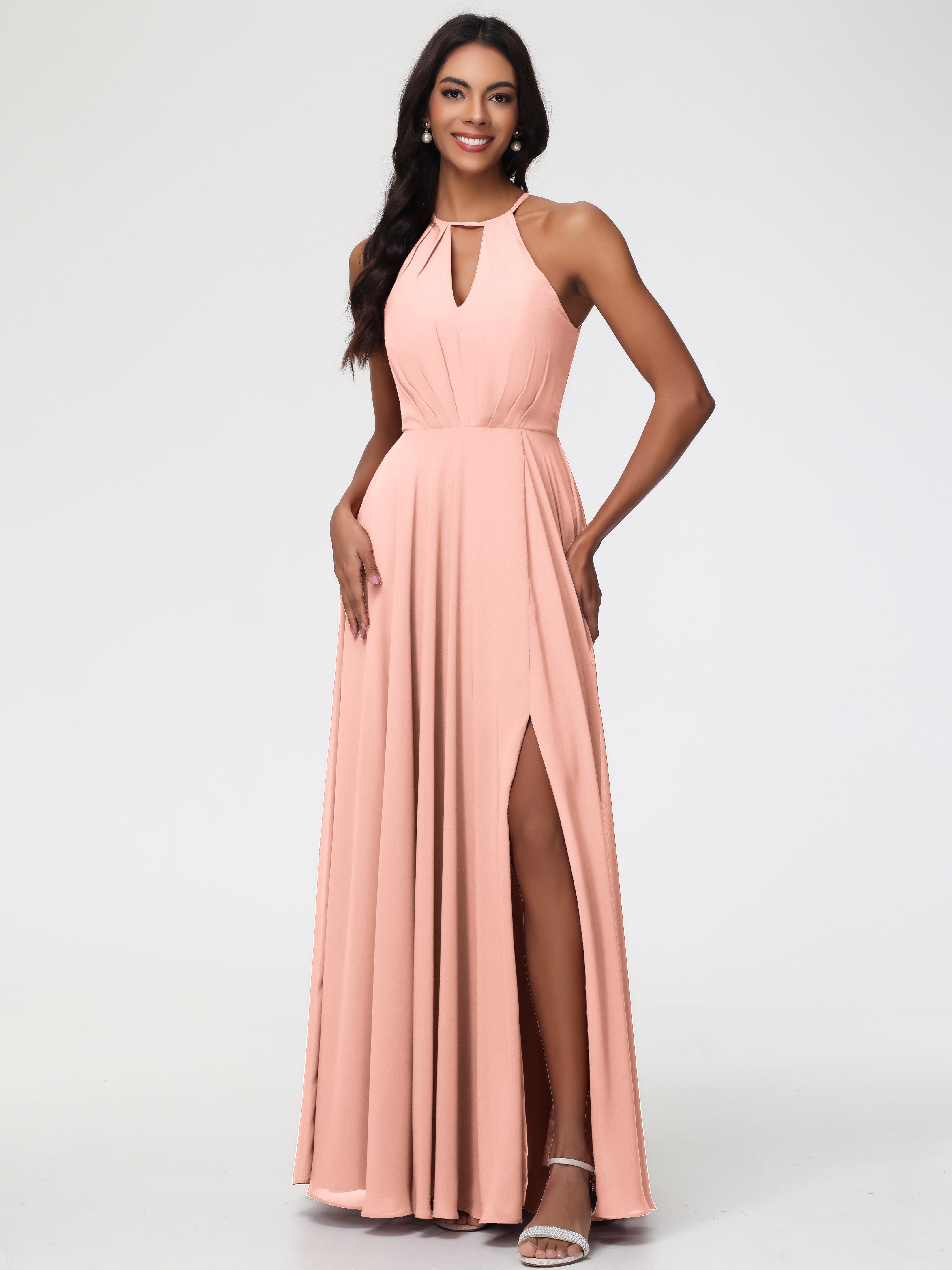 Coral Bridesmaids Dresses Halter A-Line Sleeveless Floor Length Chiffon Bridesmaid Dresses with Slit Coral Bridesmaids Dresses Halter A-Line Sleeveless Floor Length Chiffon Bridesmaid Dresses with Slit