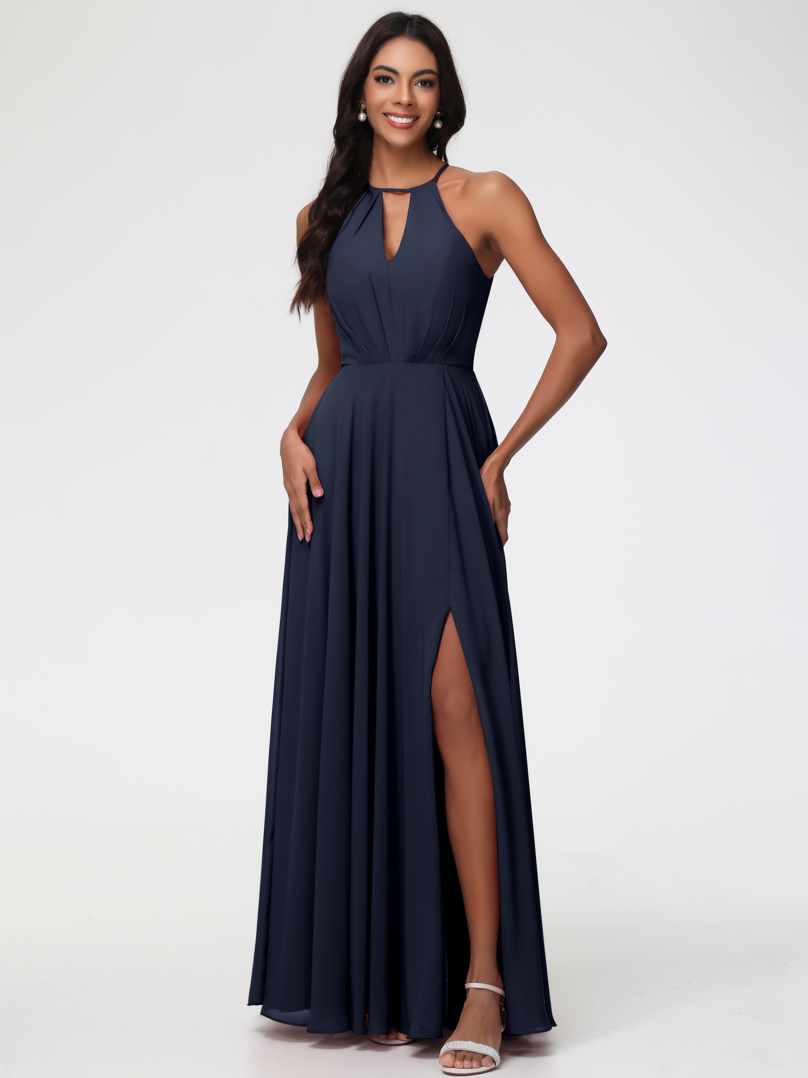 Dark Navy Bridesmaids Dresses Halter A-Line Sleeveless Floor Length Chiffon Bridesmaid Dresses with Slit Dark Navy Bridesmaids Dresses Halter A-Line Sleeveless Floor Length Chiffon Bridesmaid Dresses with Slit