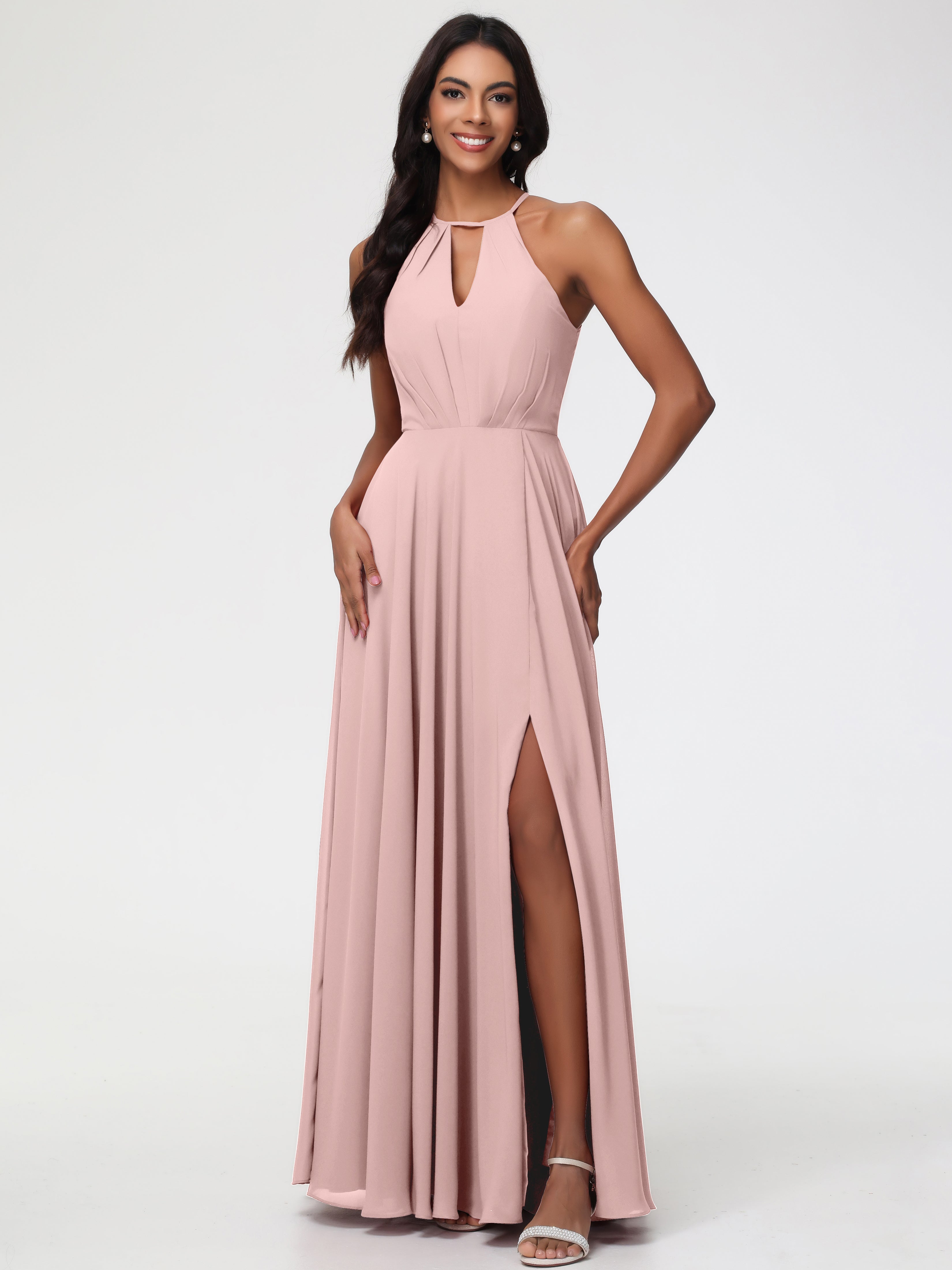 Bridesmaid Dress Dusty Rose Halter A-Line Sleeveless Floor Length Chiffon Bridesmaid Dresses with Slit Bridesmaid Dress Dusty Rose Halter A-Line Sleeveless Floor Length Chiffon Bridesmaid Dresses with Slit
