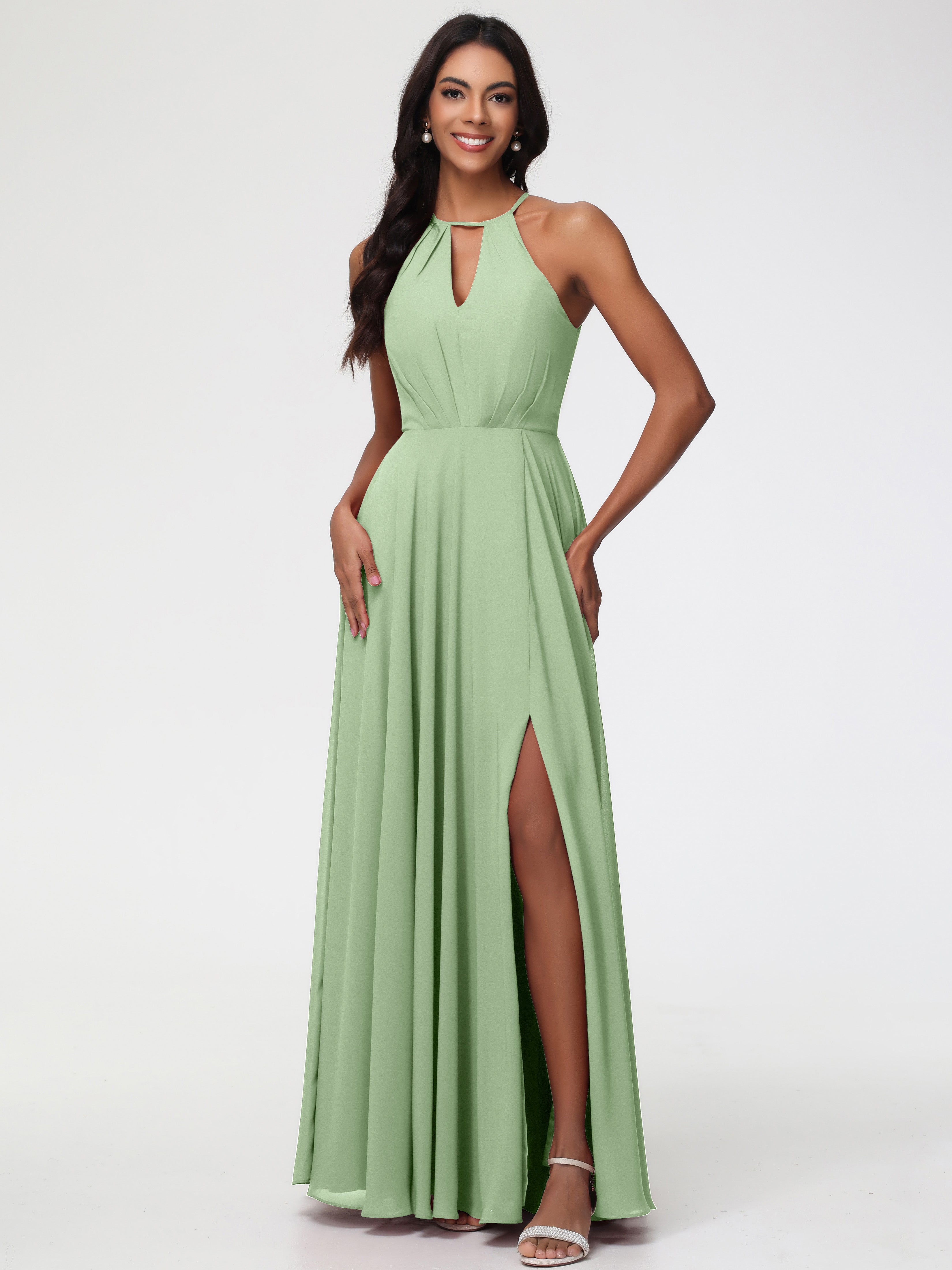 Bridesmaid Dresses Dusty Sage Halter A-Line Sleeveless Floor Length Chiffon Bridesmaid Dresses with Slit Bridesmaid Dresses Dusty Sage Halter A-Line Sleeveless Floor Length Chiffon Bridesmaid Dresses with Slit