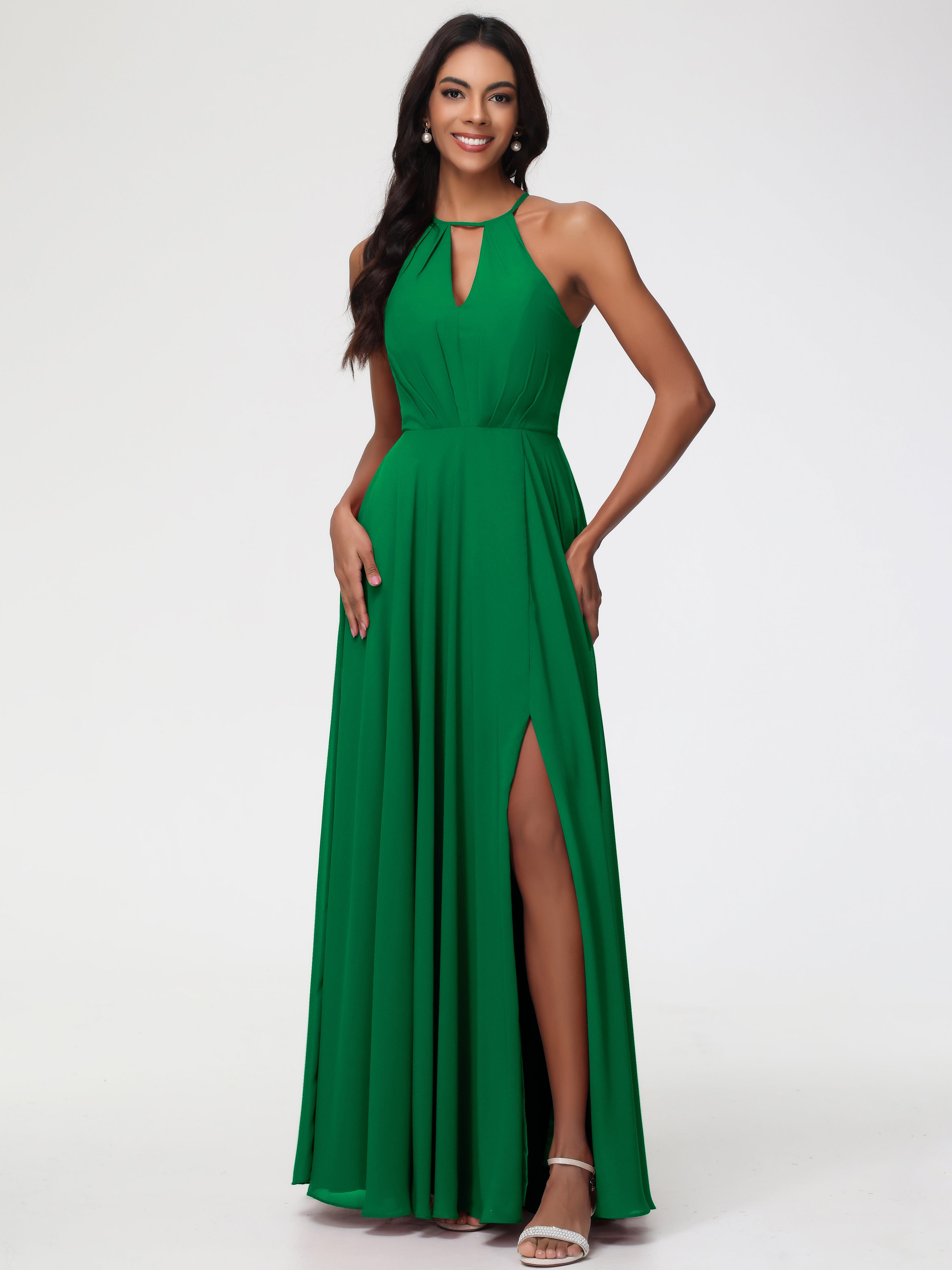 Bridesmaid Dresses Emerald Green Halter A-Line Sleeveless Floor Length Chiffon Bridesmaid Dresses with Slit Bridesmaid Dresses Emerald Green Halter A-Line Sleeveless Floor Length Chiffon Bridesmaid Dresses with Slit