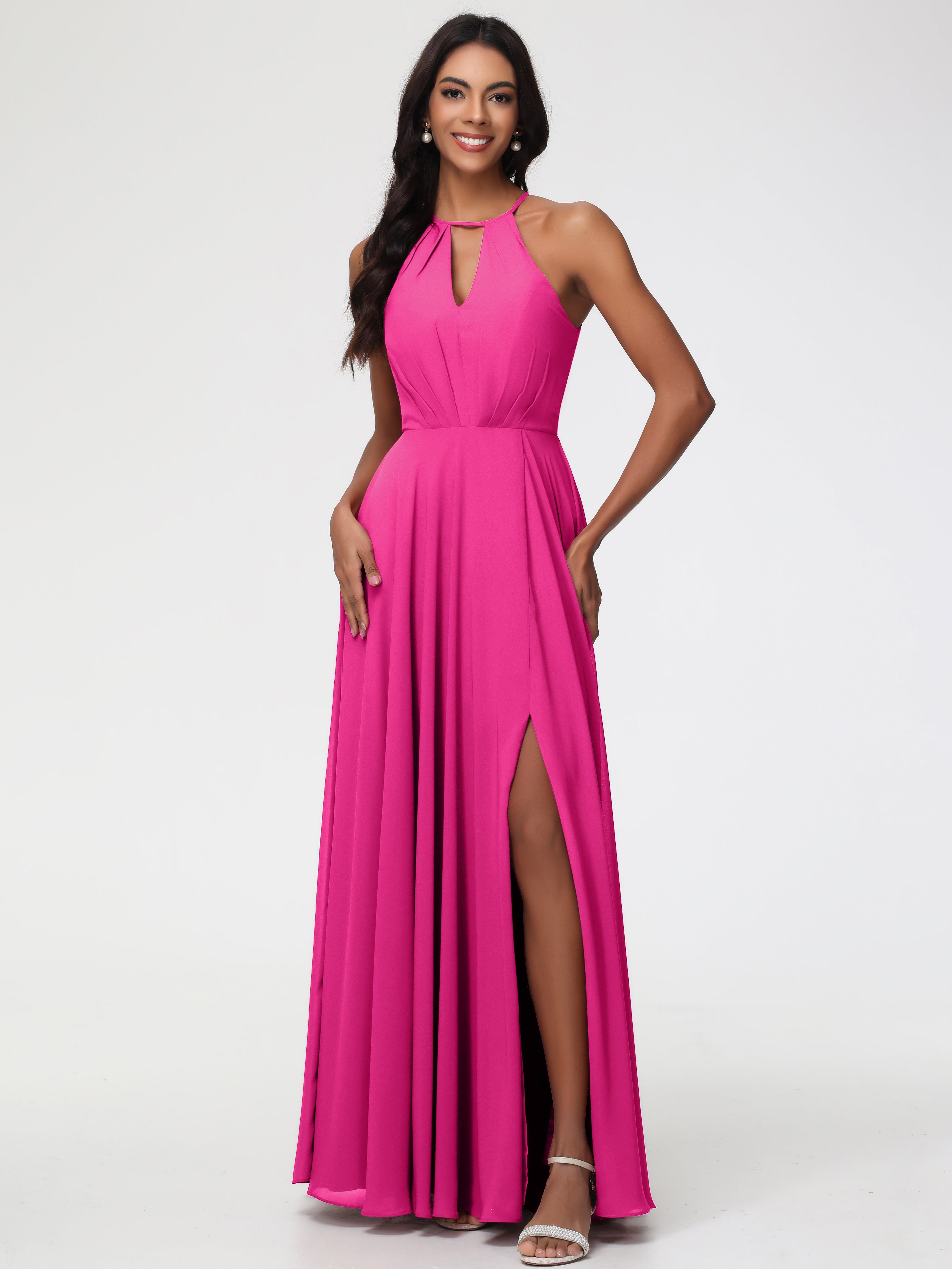 fuschia pink bridesmaid dresses Custom-made Fuchsia Off-Shoulder satin mauve bridesmaid dresses - 2023 Collection | Floor-Length Chiffon A-Line