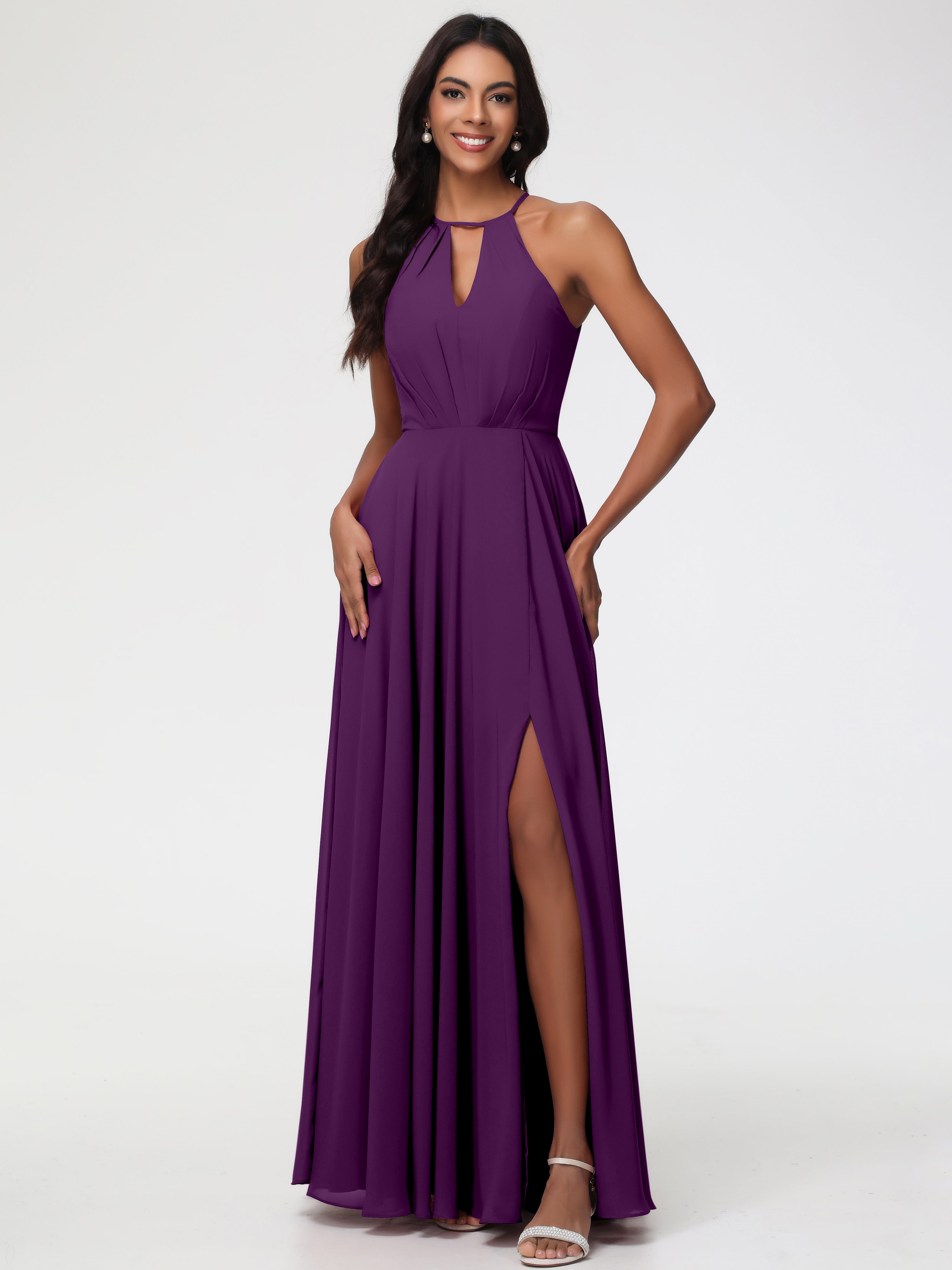 Grape Colour Bridesmaid Dresses Halter A-Line Sleeveless Floor Length Chiffon Bridesmaid Dresses with Slit Grape Colour Bridesmaid Dresses Halter A-Line Sleeveless Floor Length Chiffon Bridesmaid Dresses with Slit