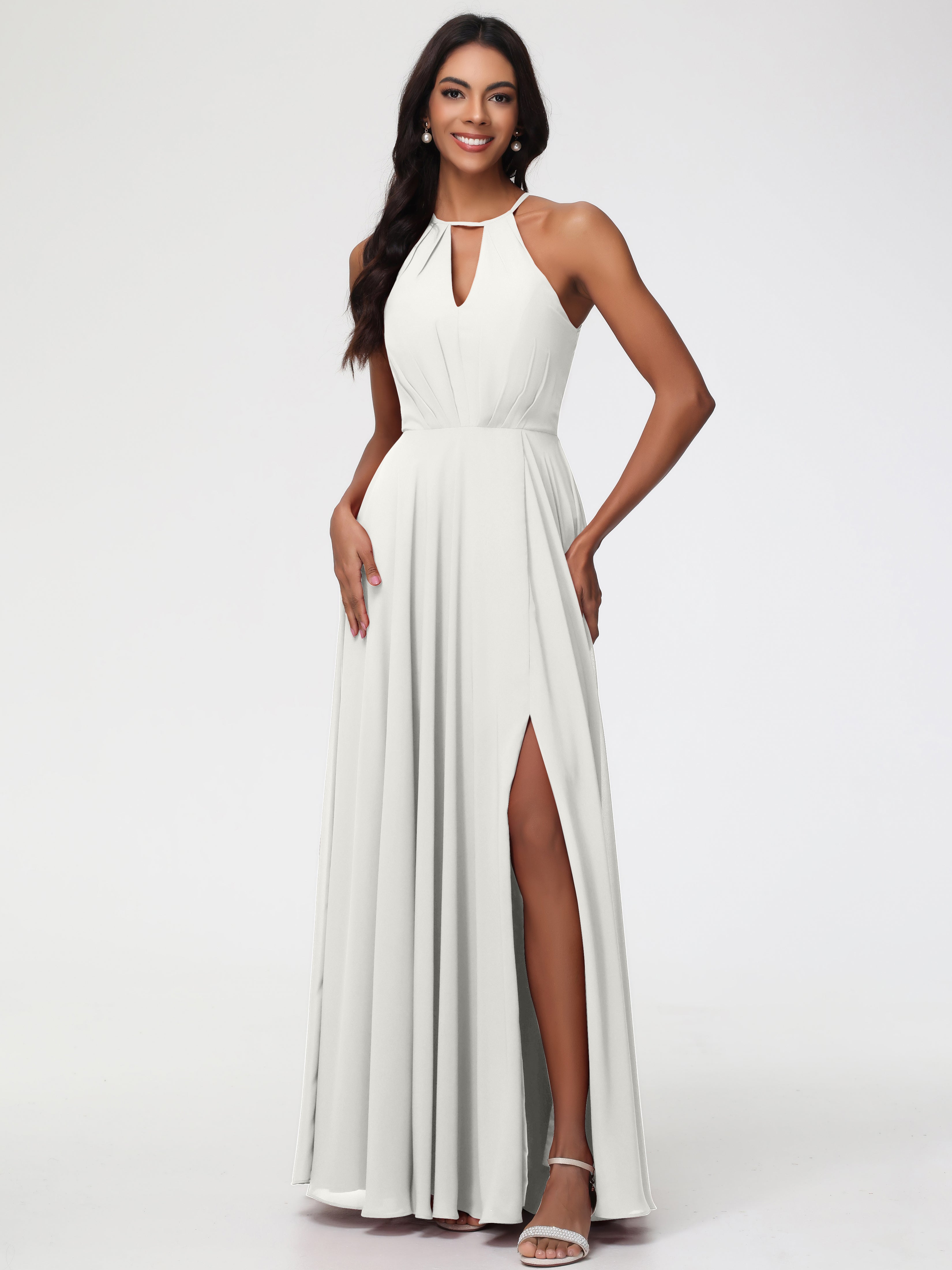 Ivory Bridesmaid Shoes Halter A-Line Sleeveless Floor Length Chiffon Bridesmaid Dresses with Slit Ivory Bridesmaid Shoes Halter A-Line Sleeveless Floor Length Chiffon Bridesmaid Dresses with Slit