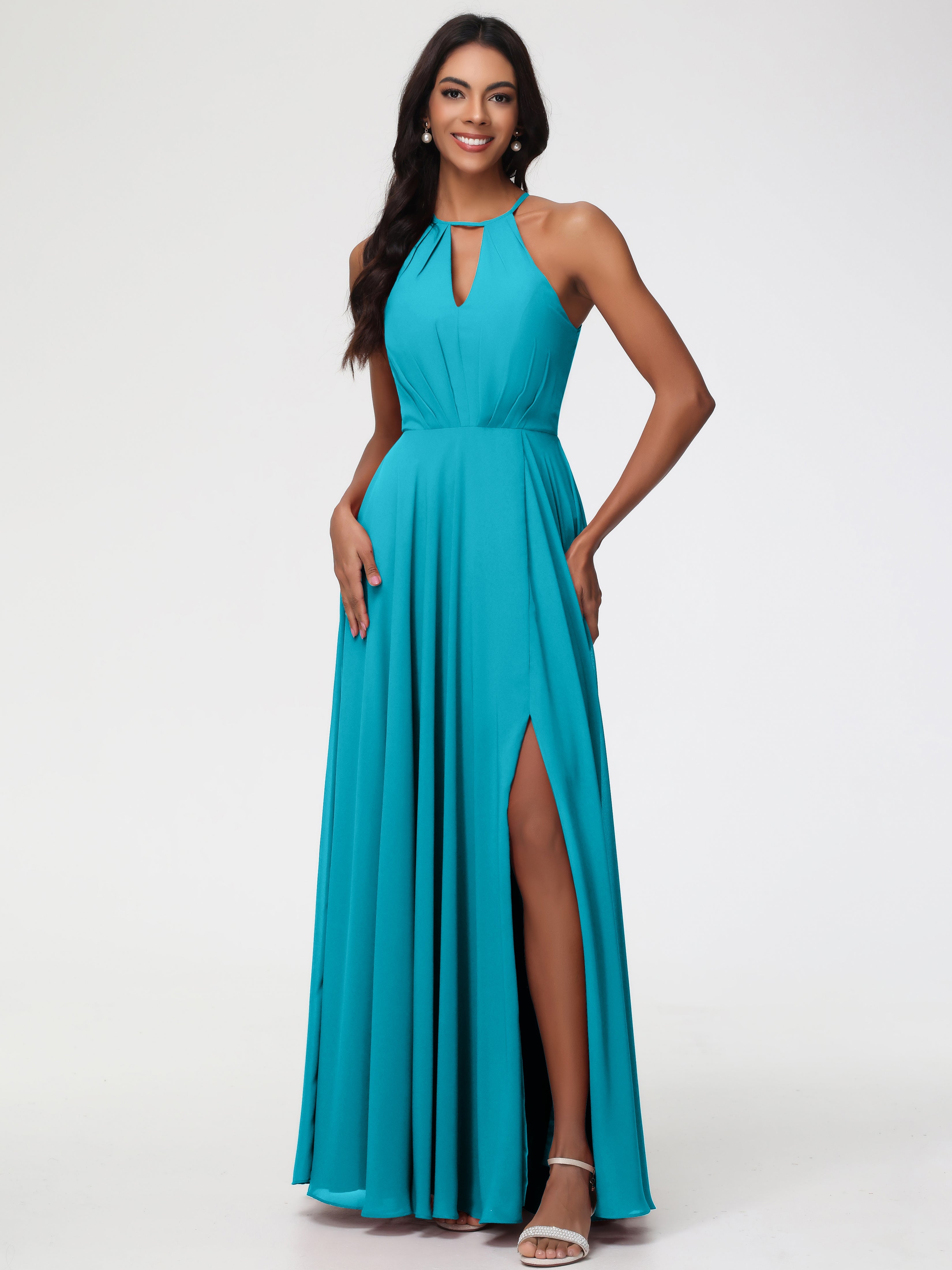 Jade Green Bridesmaid Dresses Halter A-Line Sleeveless Floor Length Chiffon Bridesmaid Dresses with Slit Jade Green Bridesmaid Dresses Halter A-Line Sleeveless Floor Length Chiffon Bridesmaid Dresses with Slit