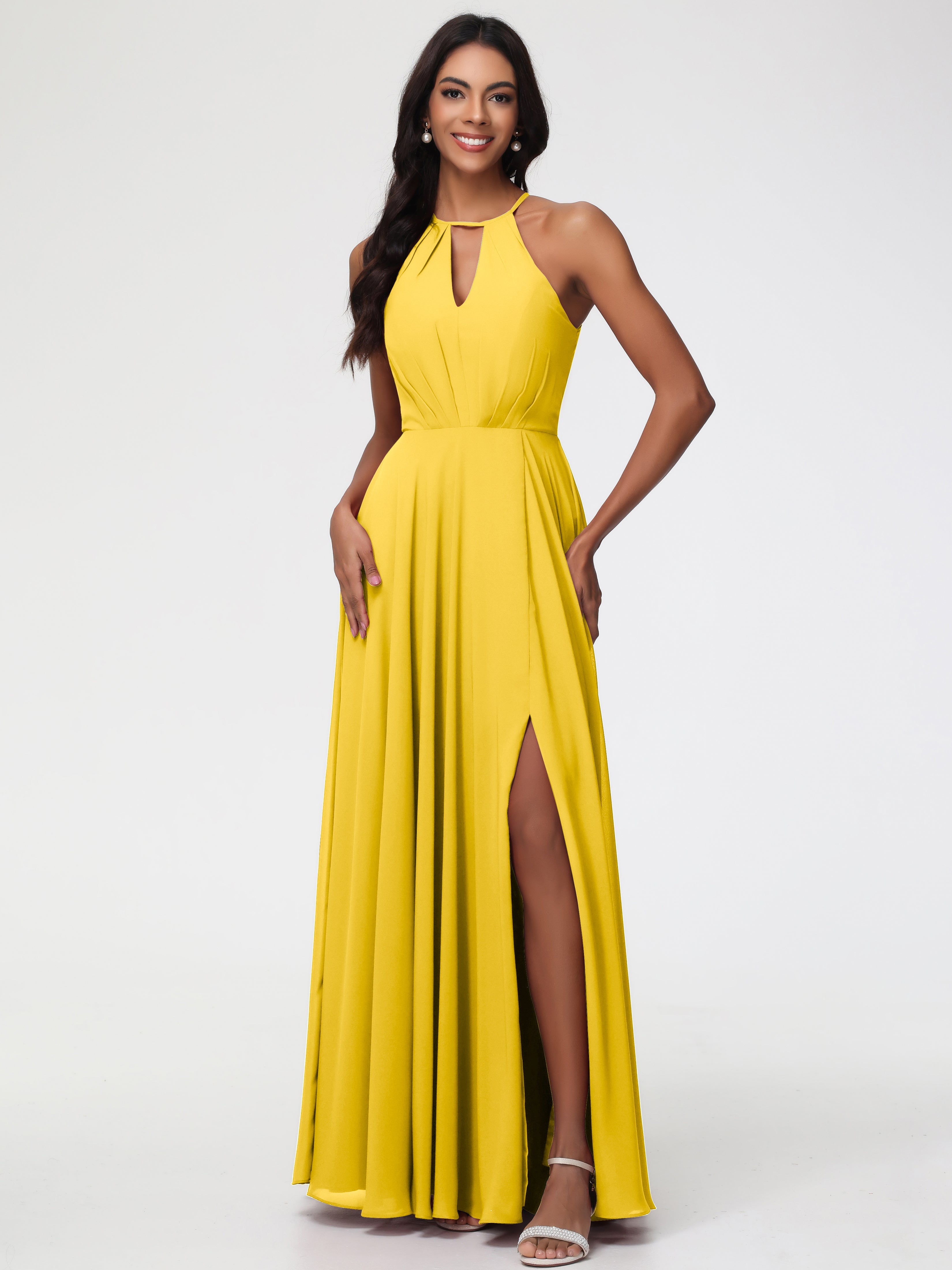Marigold Yellow Bridesmaid Dress Halter A-Line Sleeveless Floor Length Chiffon Bridesmaid Dresses with Slit Marigold Yellow Bridesmaid Dress Halter A-Line Sleeveless Floor Length Chiffon Bridesmaid Dresses with Slit