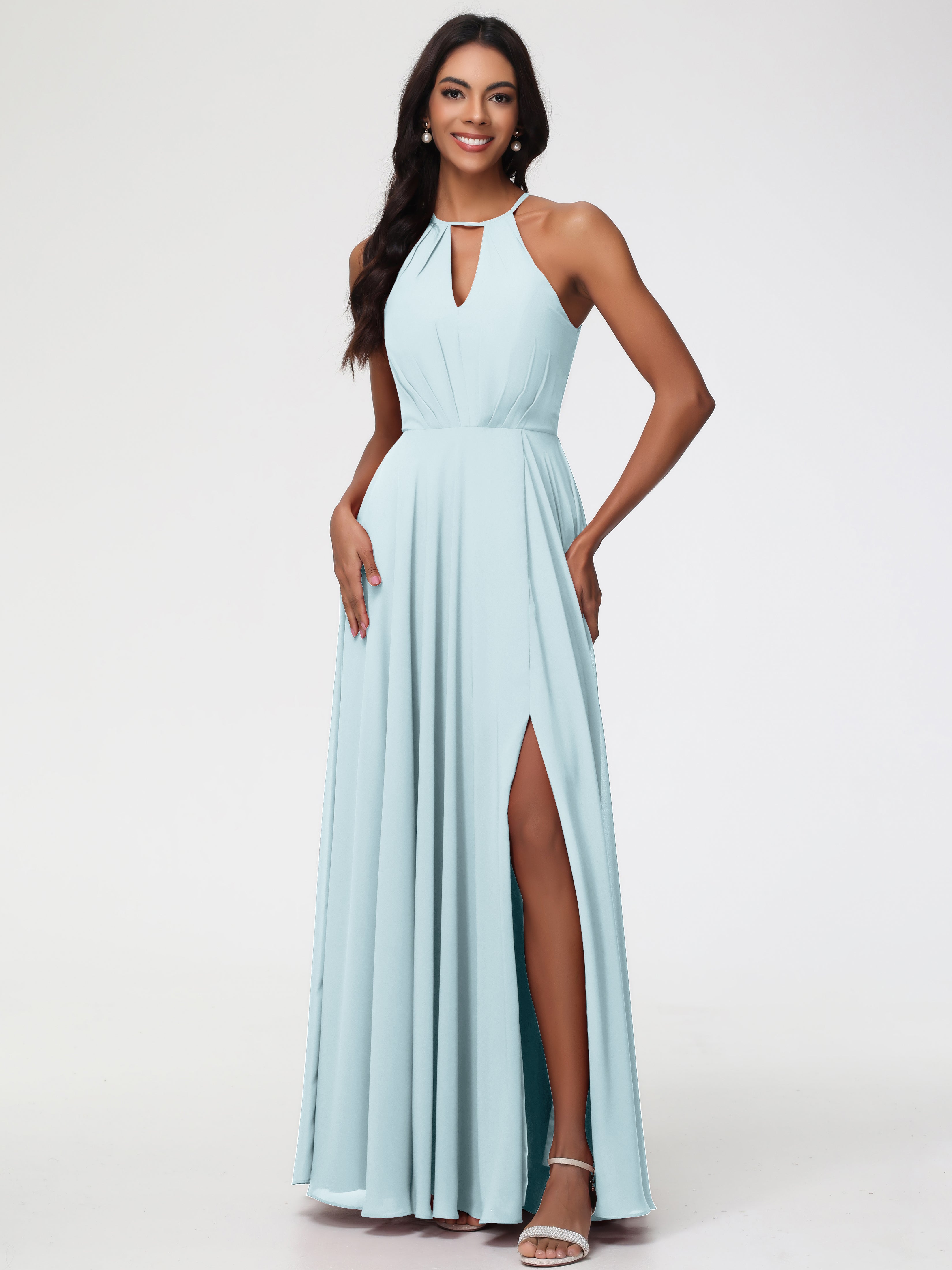 Long Mist Bridesmaid Dresses Halter A-Line Sleeveless Floor Length Chiffon Bridesmaid Dresses with Slit Long Mist Bridesmaid Dresses Halter A-Line Sleeveless Floor Length Chiffon Bridesmaid Dresses with Slit