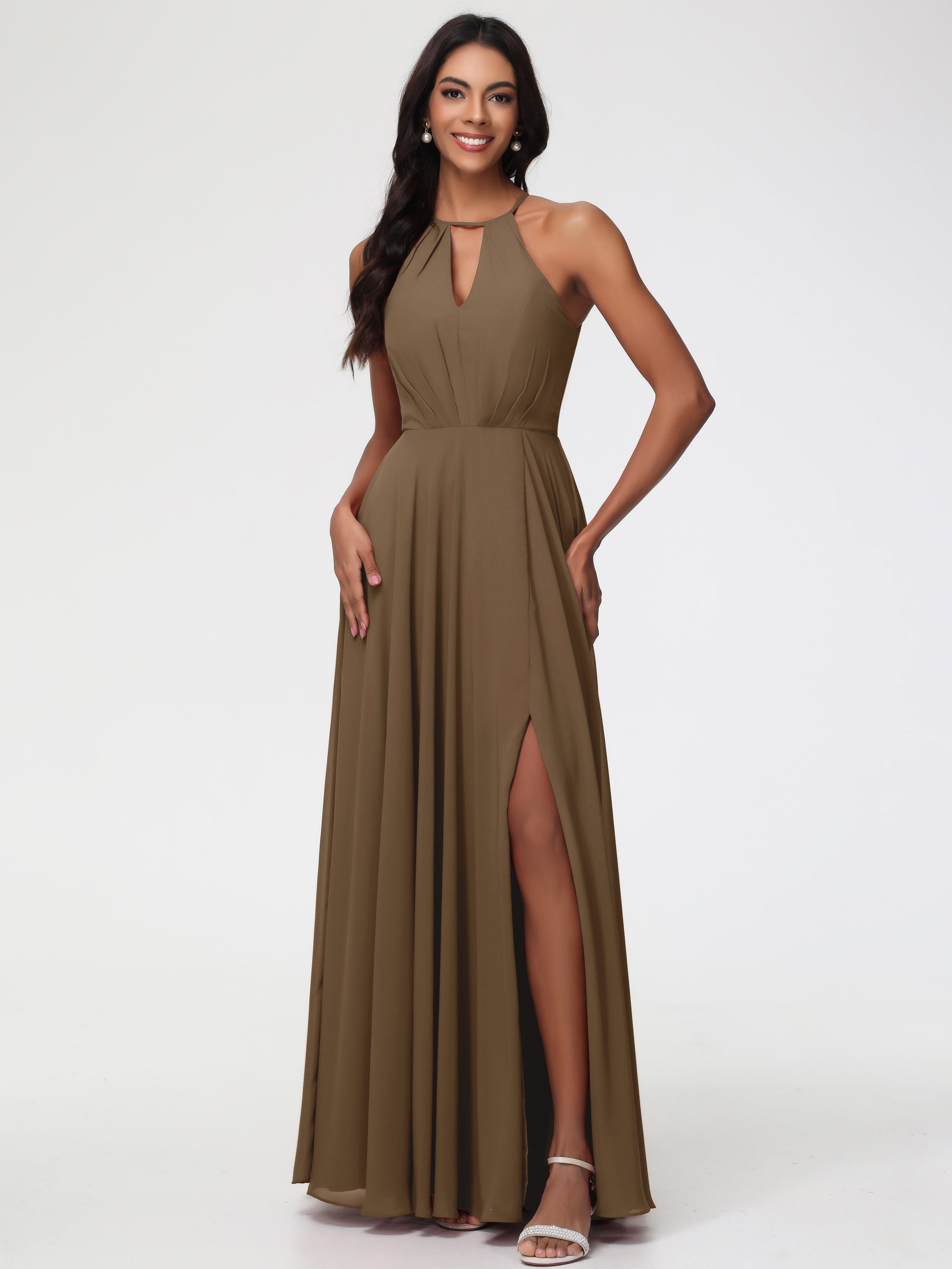 Mocha Bridesmaid Halter A-Line Sleeveless Floor Length Chiffon Bridesmaid Dresses with Slit Mocha Bridesmaid Halter A-Line Sleeveless Floor Length Chiffon Bridesmaid Dresses with Slit