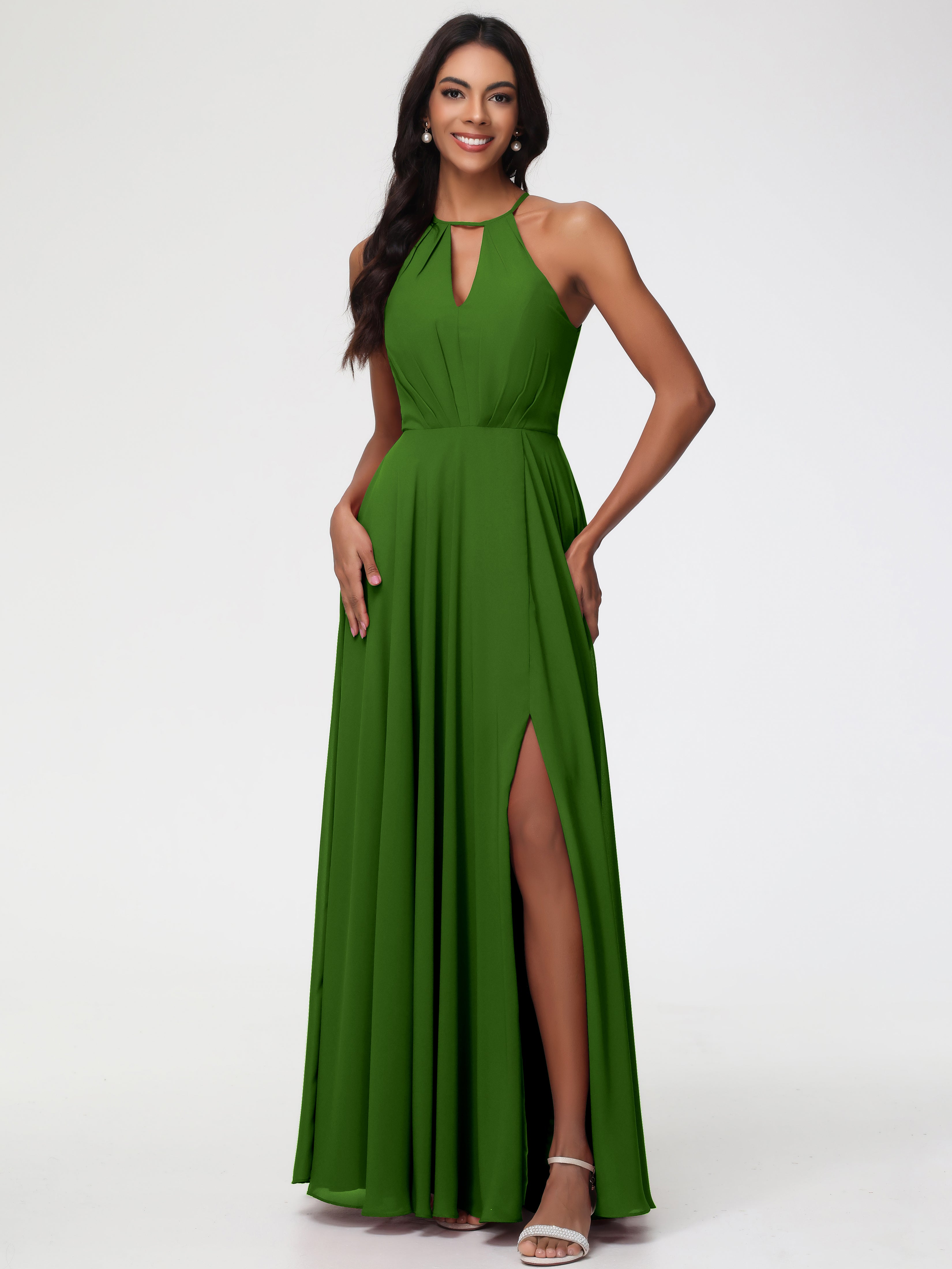Moss Colored Bridesmaid Dresses Halter A-Line Sleeveless Floor Length Chiffon Bridesmaid Dresses with Slit Moss Colored Bridesmaid Dresses Halter A-Line Sleeveless Floor Length Chiffon Bridesmaid Dresses with Slit