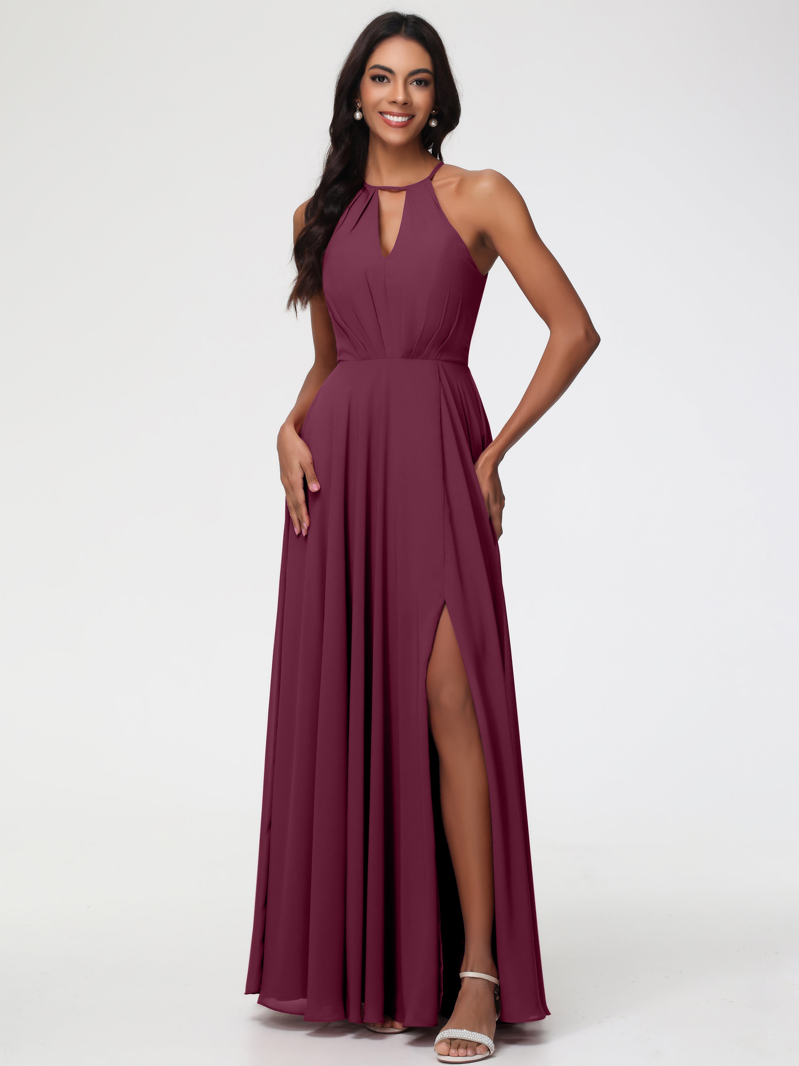 Mulberry Color Bridesmaid Dresses Halter A-Line Sleeveless Floor Length Chiffon Bridesmaid Dresses with Slit Mulberry Color Bridesmaid Dresses Halter A-Line Sleeveless Floor Length Chiffon Bridesmaid Dresses with Slit