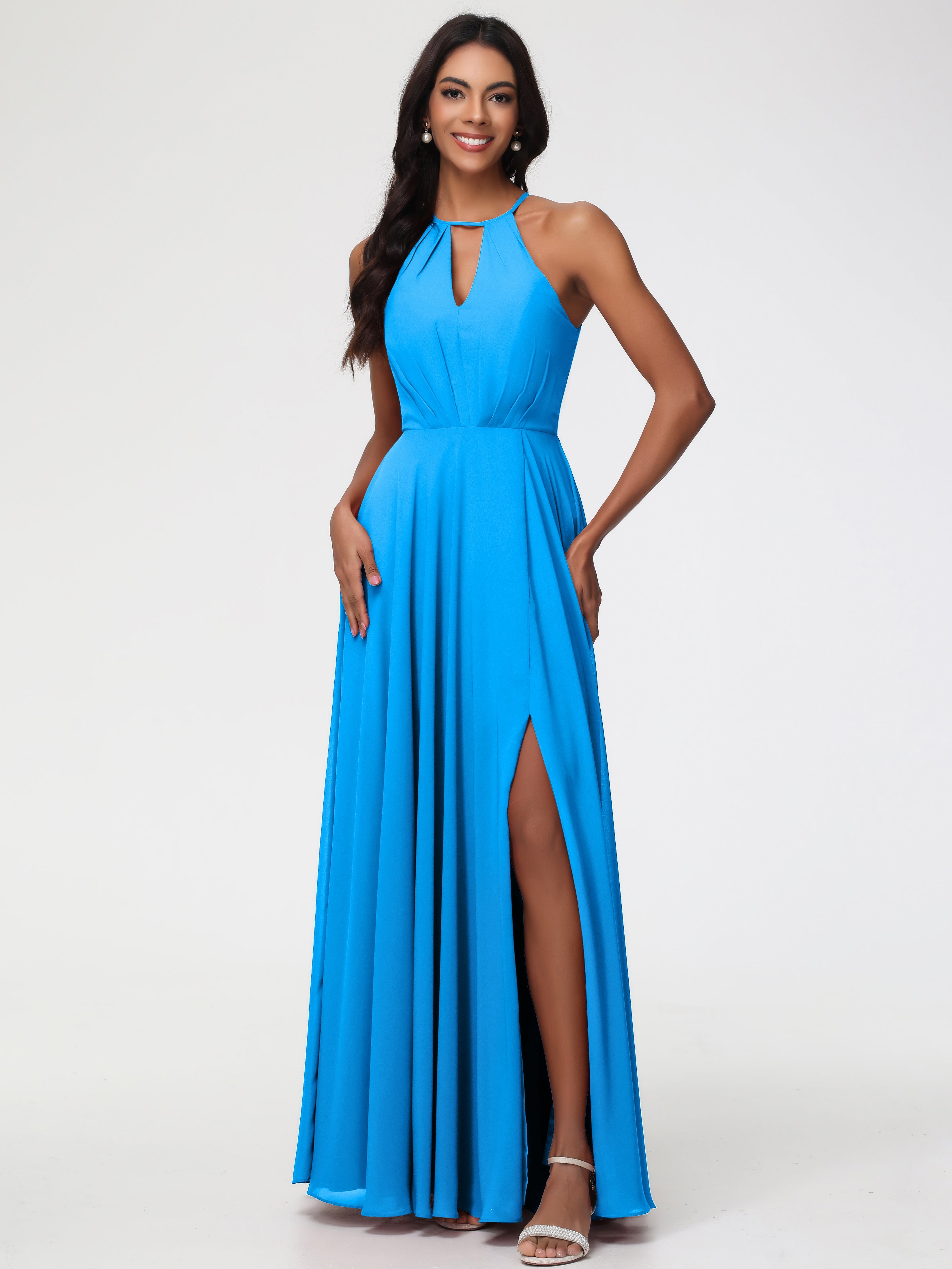 Ocean Themed Bridesmaid Dresses Halter A-Line Sleeveless Floor Length Chiffon Bridesmaid Dresses with Slit Ocean Themed Bridesmaid Dresses Halter A-Line Sleeveless Floor Length Chiffon Bridesmaid Dresses with Slit