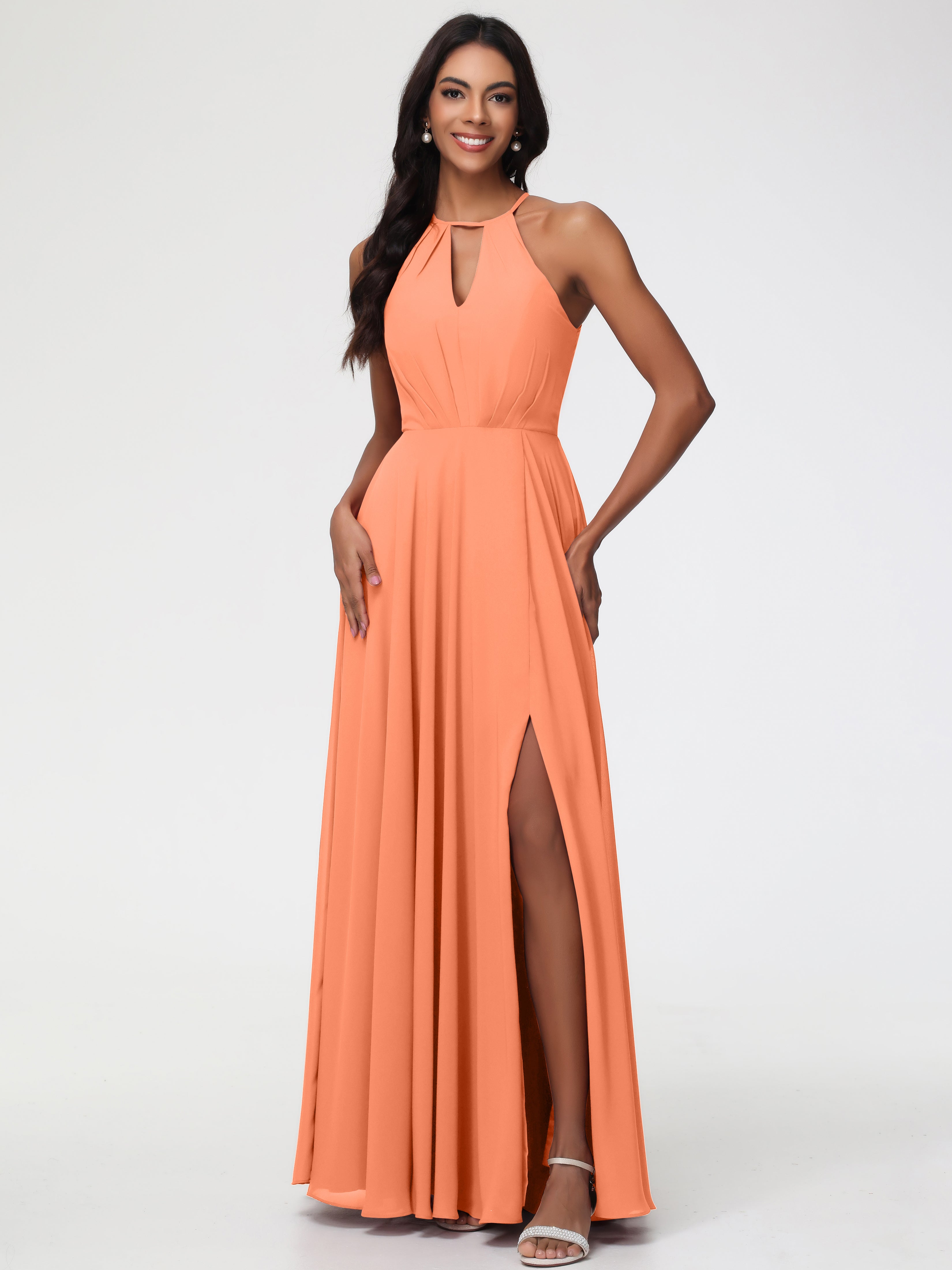 Papaya Bridesmaid Dresses Halter A-Line Sleeveless Floor Length Chiffon Bridesmaid Dresses with Slit