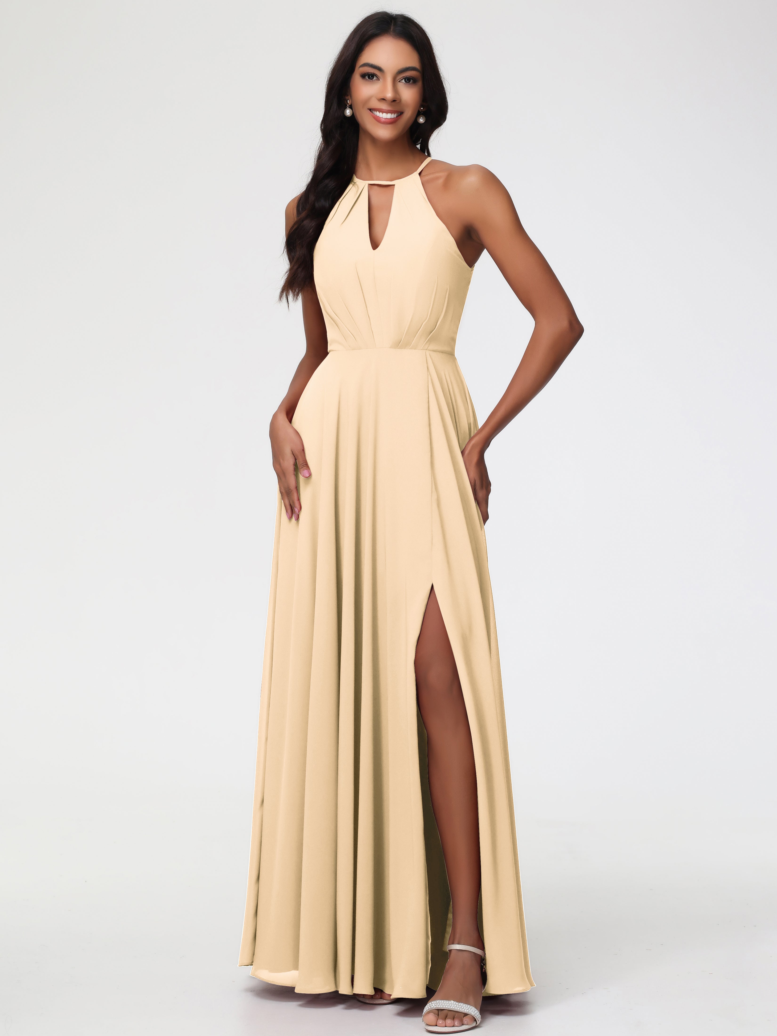 Peach Bridesmaids Dresses Halter A-Line Sleeveless Floor Length Chiffo Peach Bridesmaids Dresses Halter A-Line Sleeveless Floor Length Chiffo