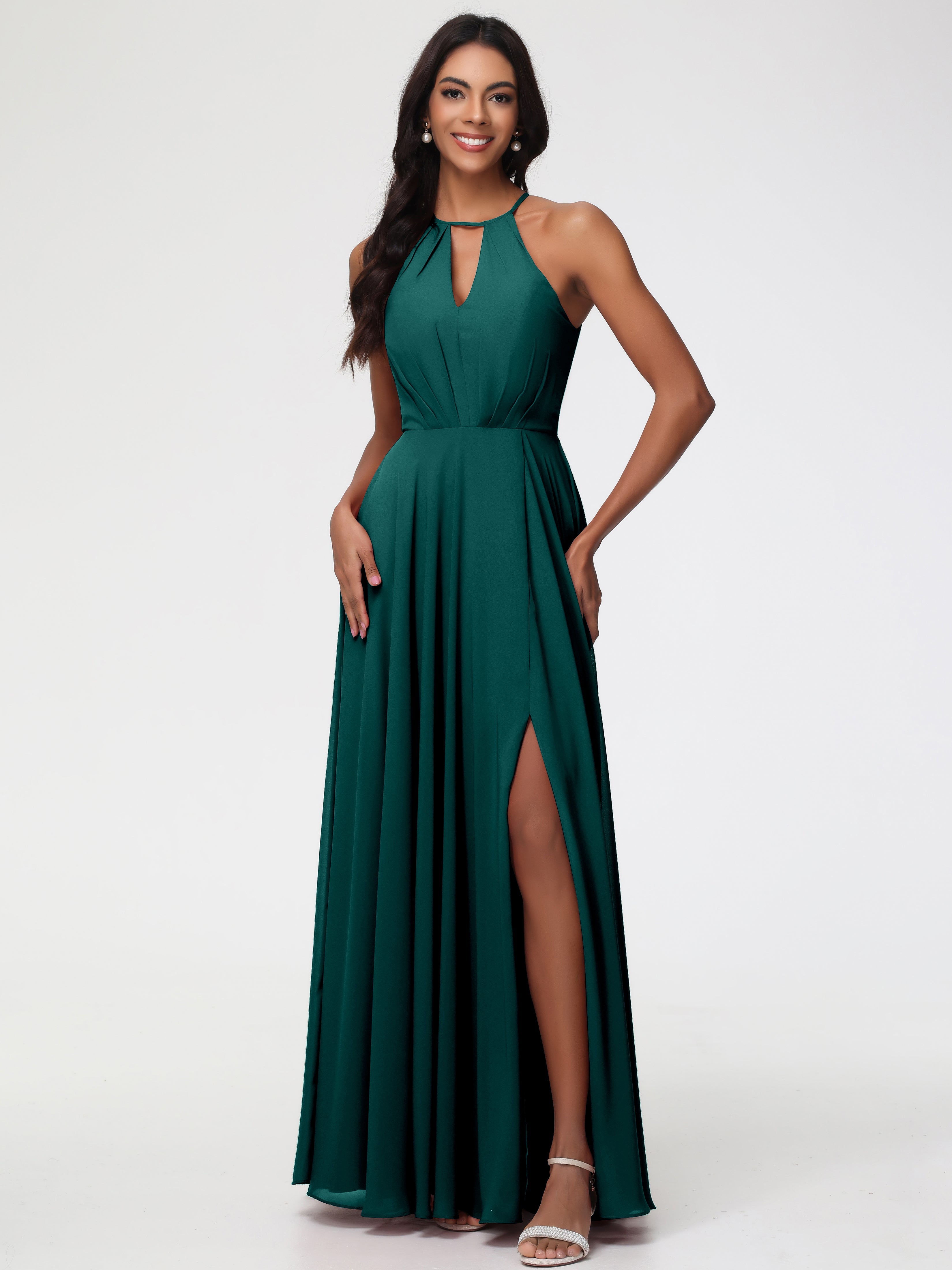 halter bridesmaids dresses B203004 Long Halter Neckline Poly Chiffon Bridesmaid Dress with Front Slit