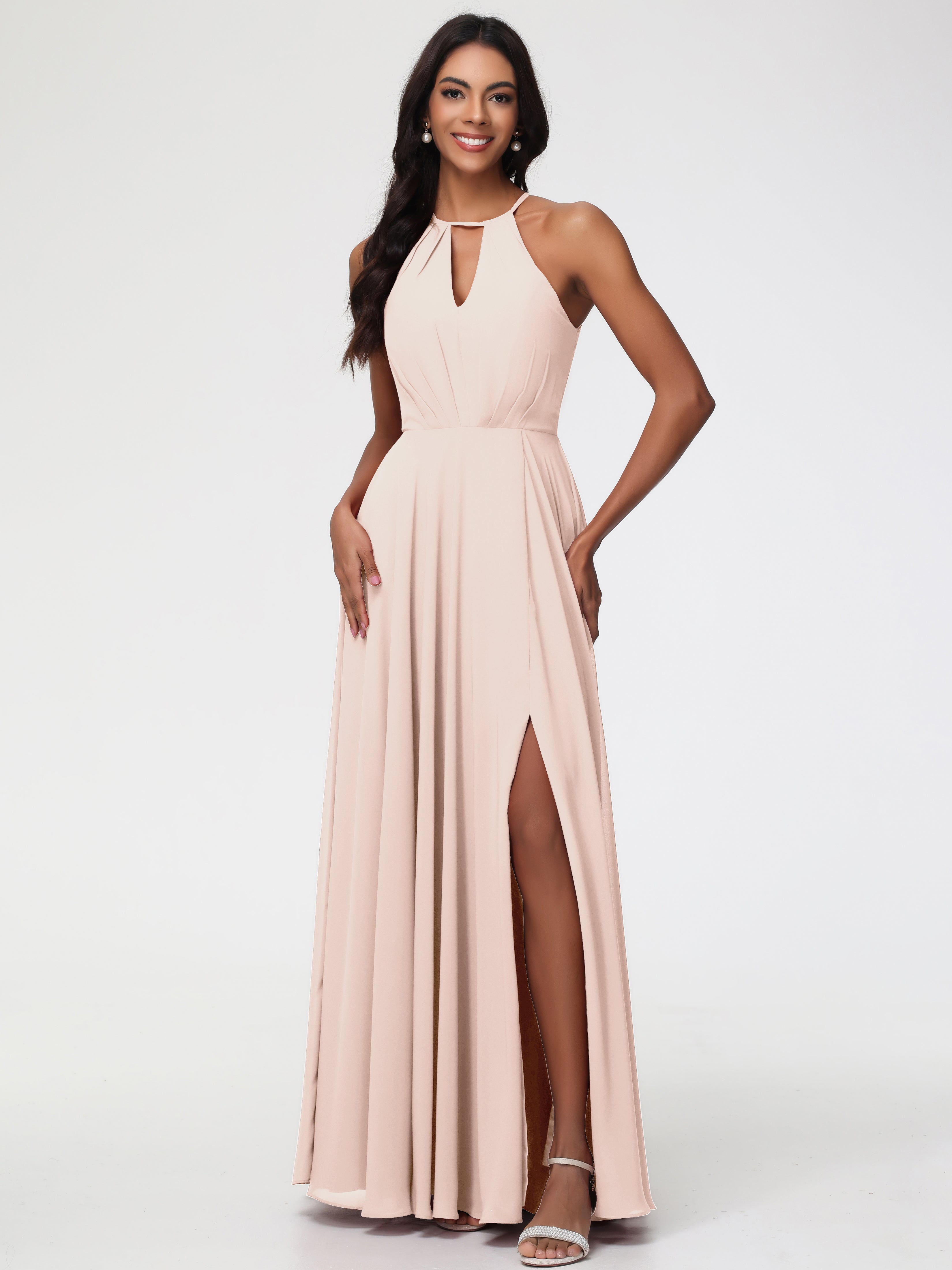 Bridesmaid Dresses Pearl Pink Halter A-Line Sleeveless Floor Length Chiffon Bridesmaid Dresses with Slit Bridesmaid Dresses Pearl Pink Halter A-Line Sleeveless Floor Length Chiffon Bridesmaid Dresses with Slit