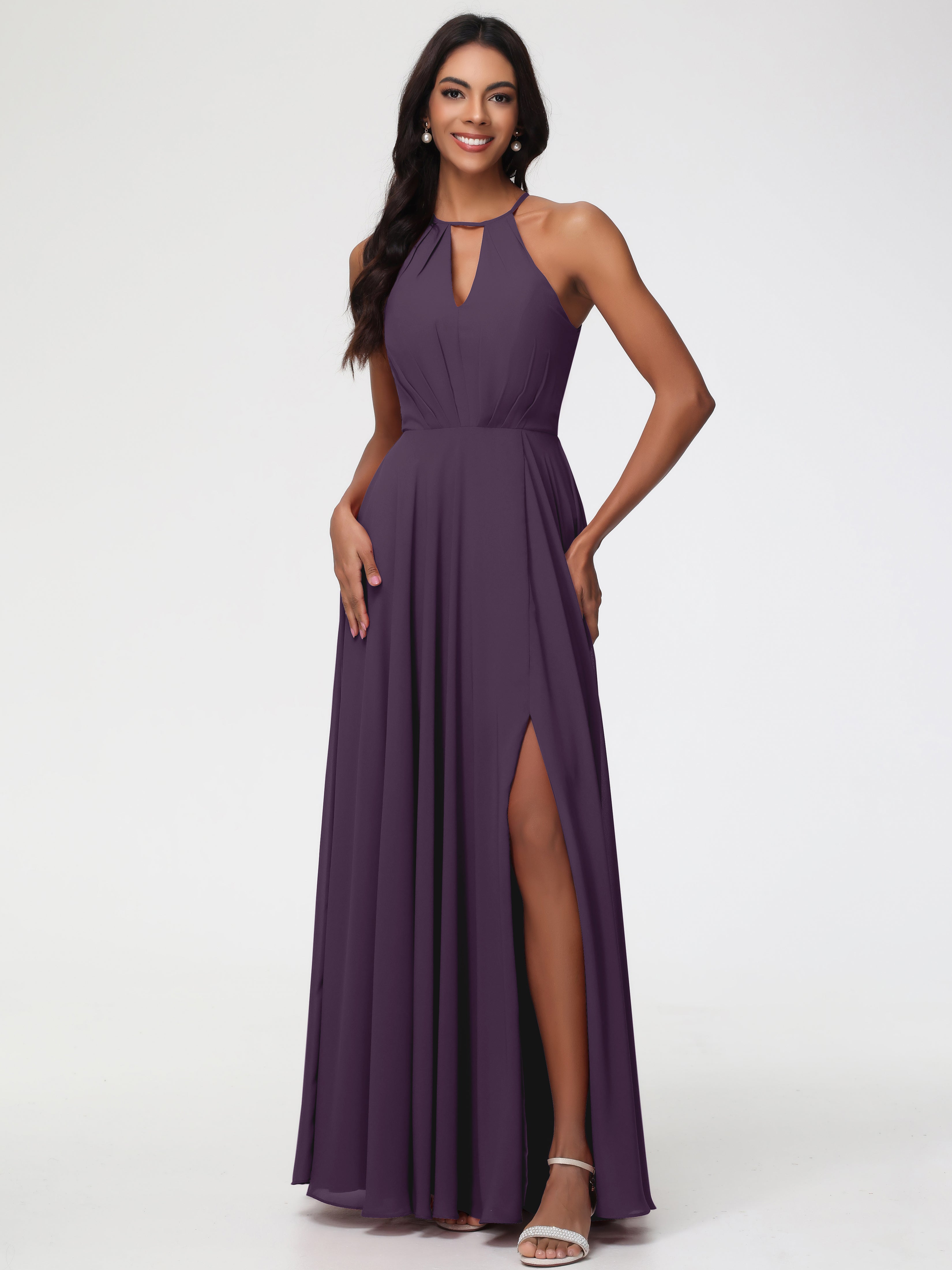 Plum Coloured Bridesmaid Dresses Halter A-Line Sleeveless Floor Length Plum Coloured Bridesmaid Dresses Halter A-Line Sleeveless Floor Length