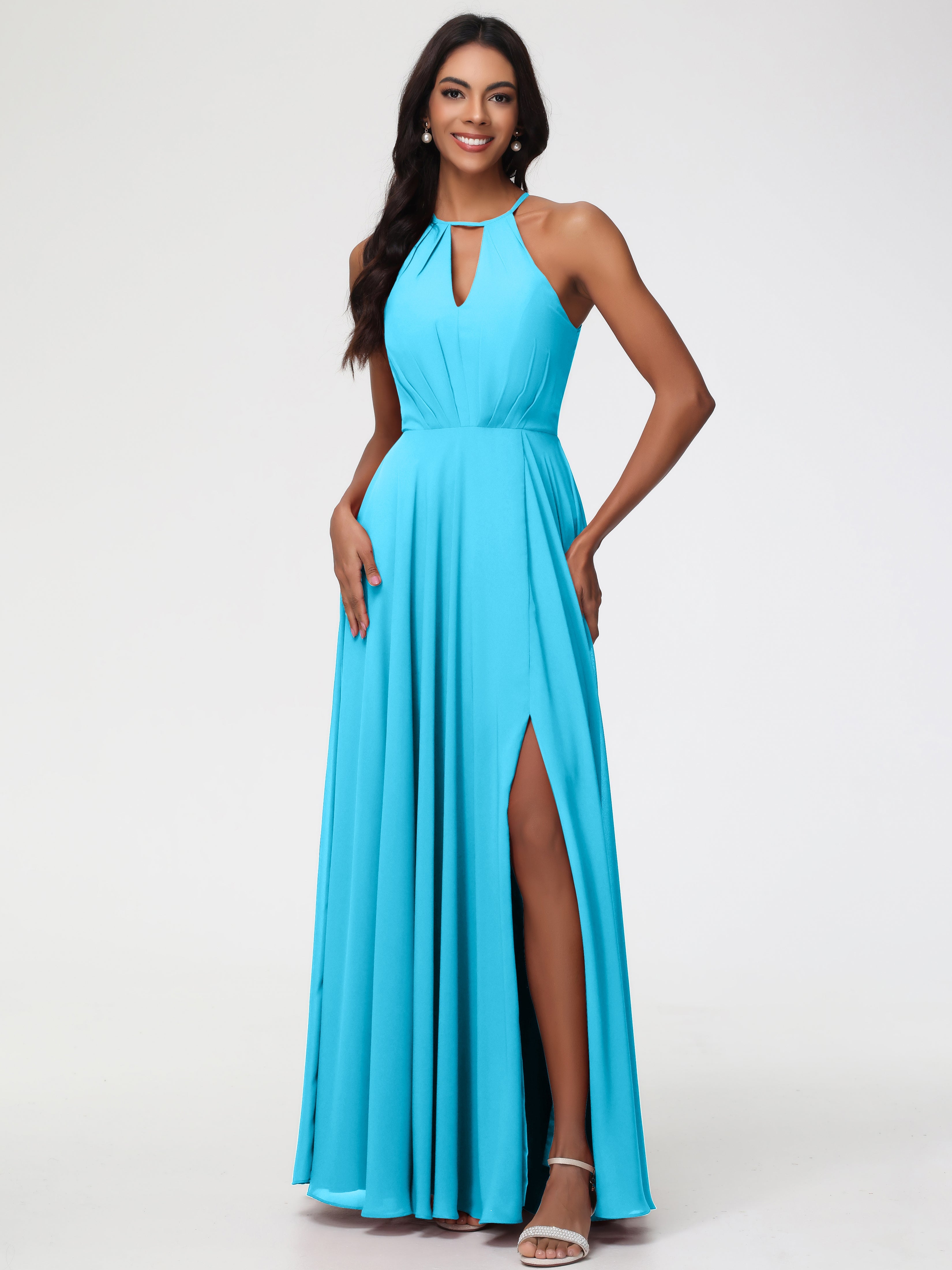 Pool Bridesmaids Dresses Halter A-Line Sleeveless Floor Length Chiffon Bridesmaid Dresses with Slit Pool Bridesmaids Dresses Halter A-Line Sleeveless Floor Length Chiffon Bridesmaid Dresses with Slit