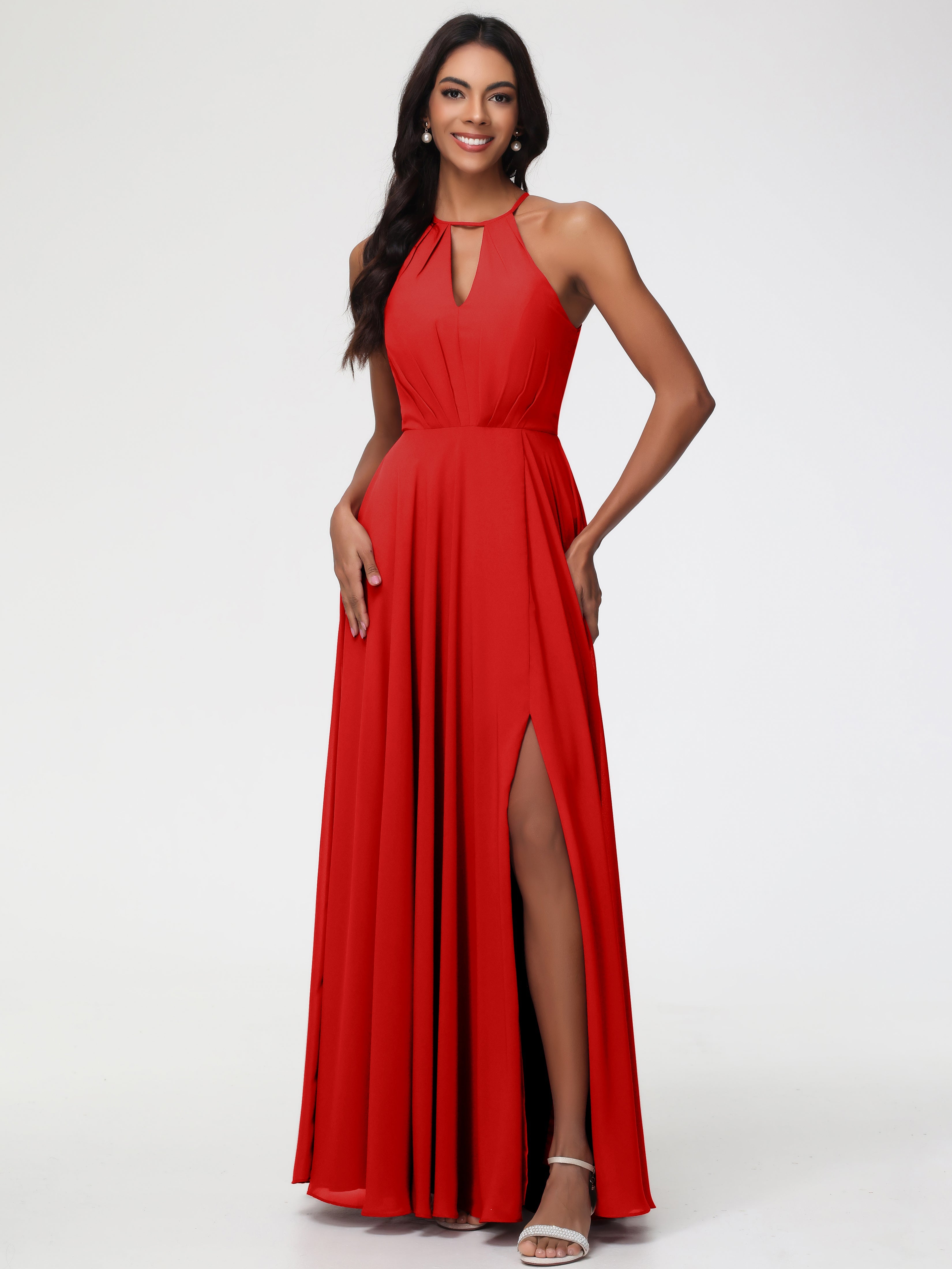 Red Bridesmaid Dress Halter A-Line Sleeveless Floor Length Chiffon Bri Red Bridesmaid Dress Halter A-Line Sleeveless Floor Length Chiffon Bri