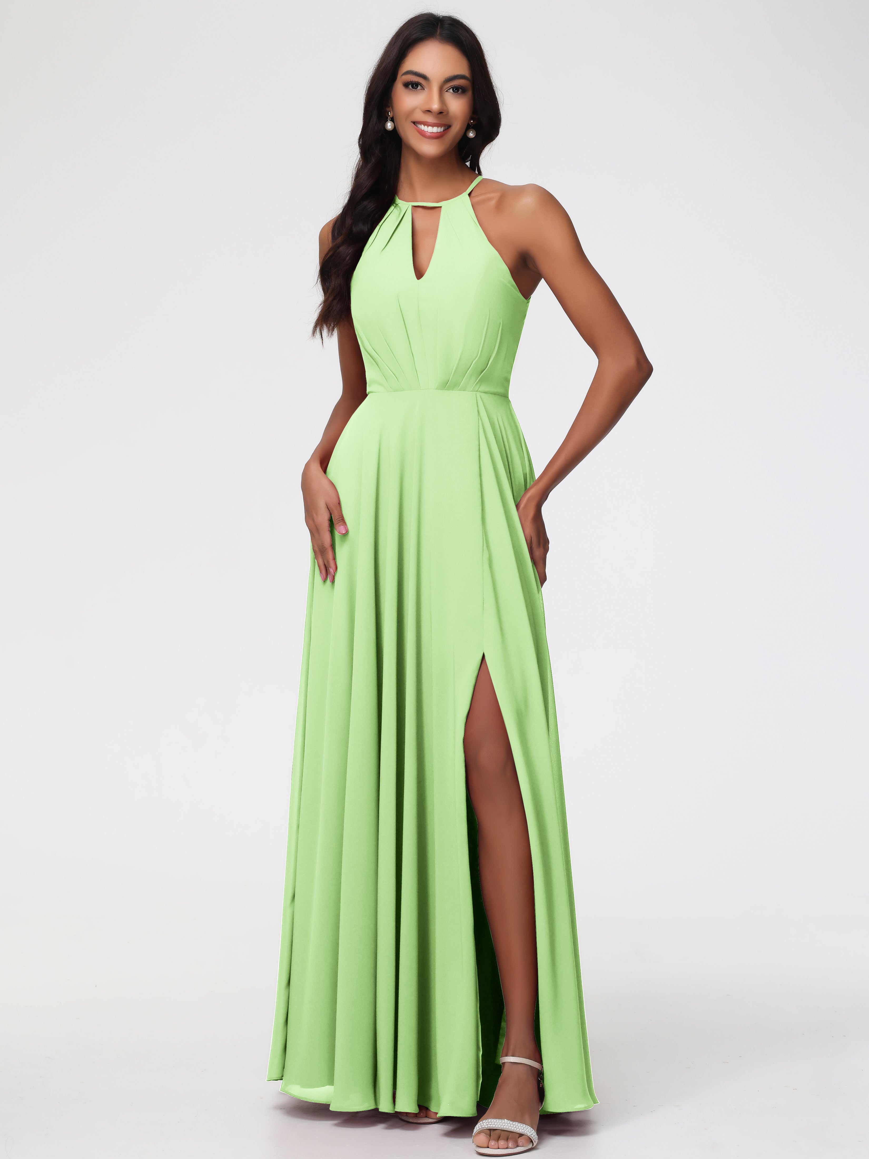 Sage Bridesmaid Dresses Halter A-Line Sleeveless Floor Length Chiffon Bridesmaid Dresses with Slit Sage Bridesmaid Dresses Halter A-Line Sleeveless Floor Length Chiffon Bridesmaid Dresses with Slit