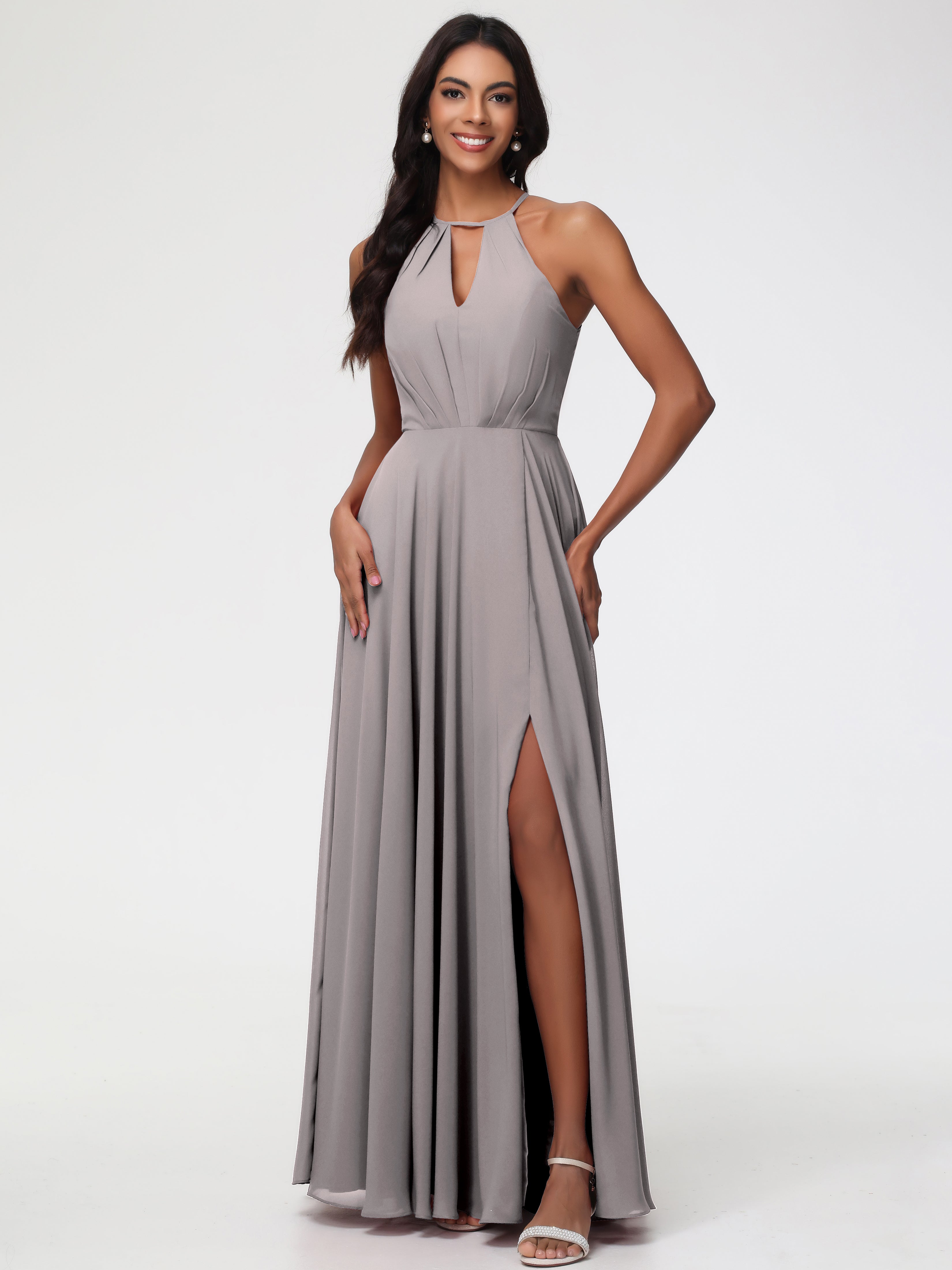 Silver Bridesmaids Dresses Halter A-Line Sleeveless Floor Length Chiffon Bridesmaid Dresses with Slit Silver Bridesmaids Dresses Halter A-Line Sleeveless Floor Length Chiffon Bridesmaid Dresses with Slit