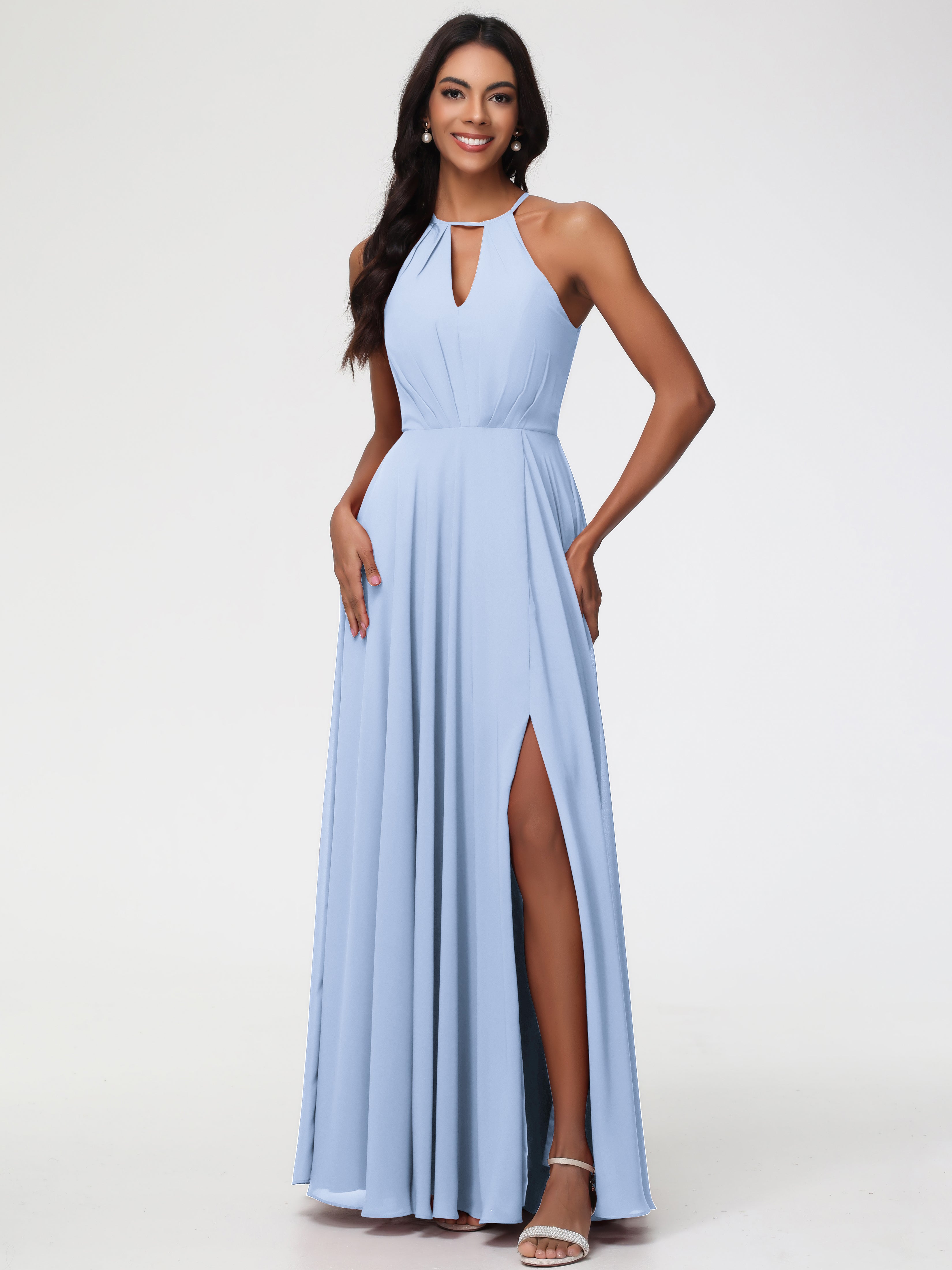 Sky Blue Bridesmaids Dresses Halter A-Line Sleeveless Floor Length Chiffon Bridesmaid Dresses with Slit Sky Blue Bridesmaids Dresses Halter A-Line Sleeveless Floor Length Chiffon Bridesmaid Dresses with Slit