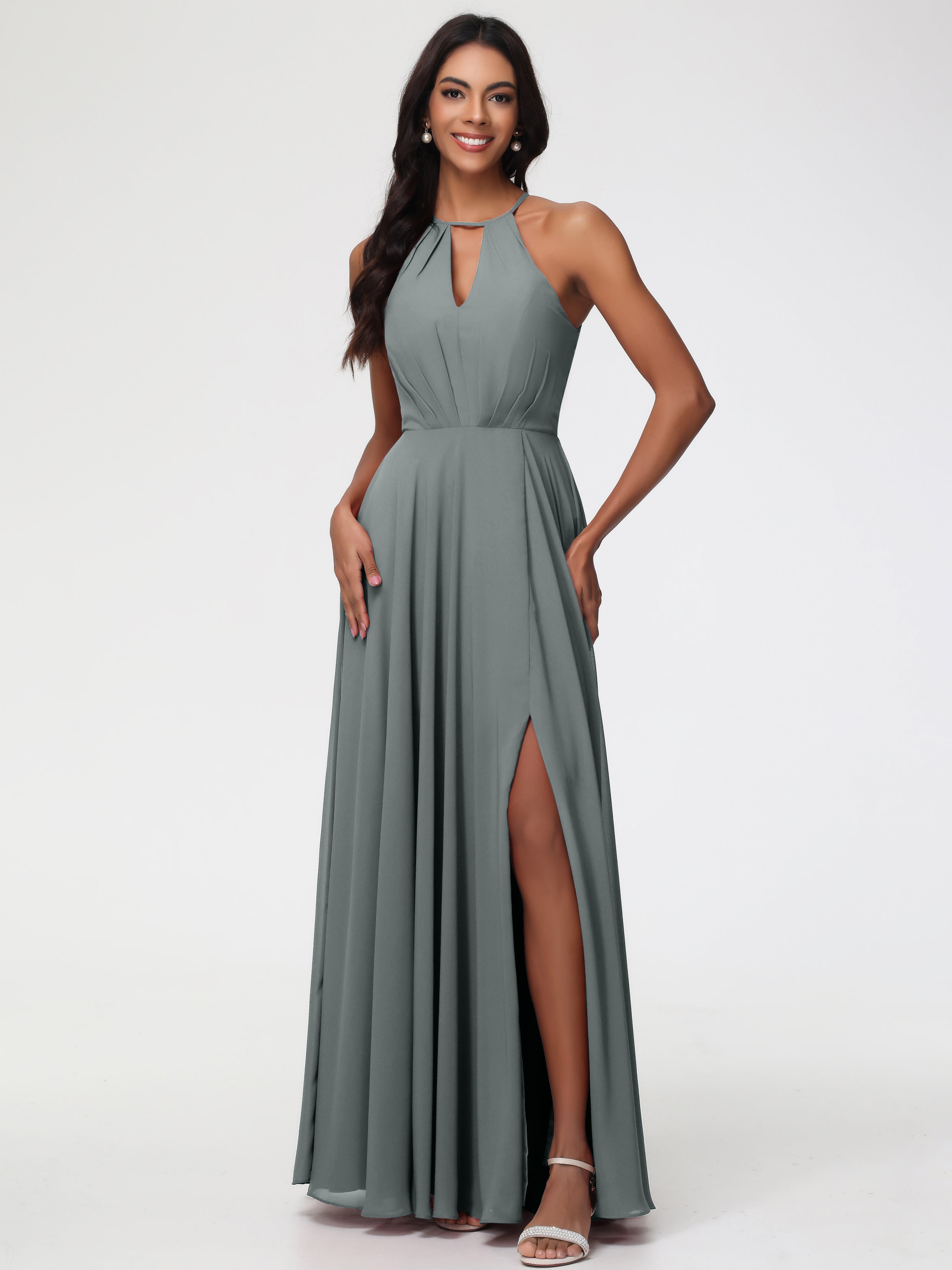 Steel Grey Bridesmaid Dresses Halter A-Line Sleeveless Floor Length Chiffon Bridesmaid Dresses with Slit Steel Grey Bridesmaid Dresses Halter A-Line Sleeveless Floor Length Chiffon Bridesmaid Dresses with Slit