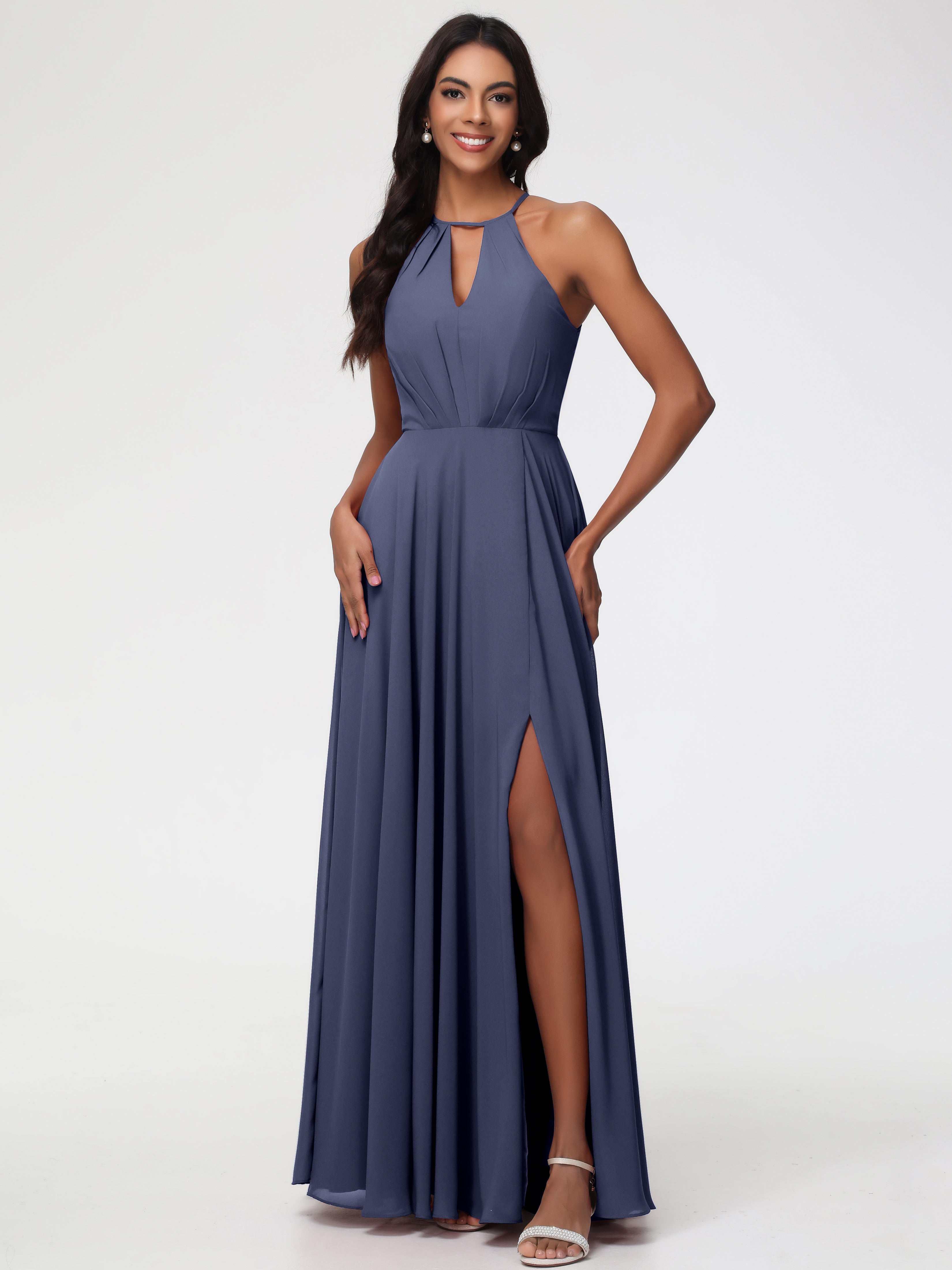 Stormy Grey Bridesmaid Dresses Halter A-Line Sleeveless Floor Length C Stormy Grey Bridesmaid Dresses Halter A-Line Sleeveless Floor Length C