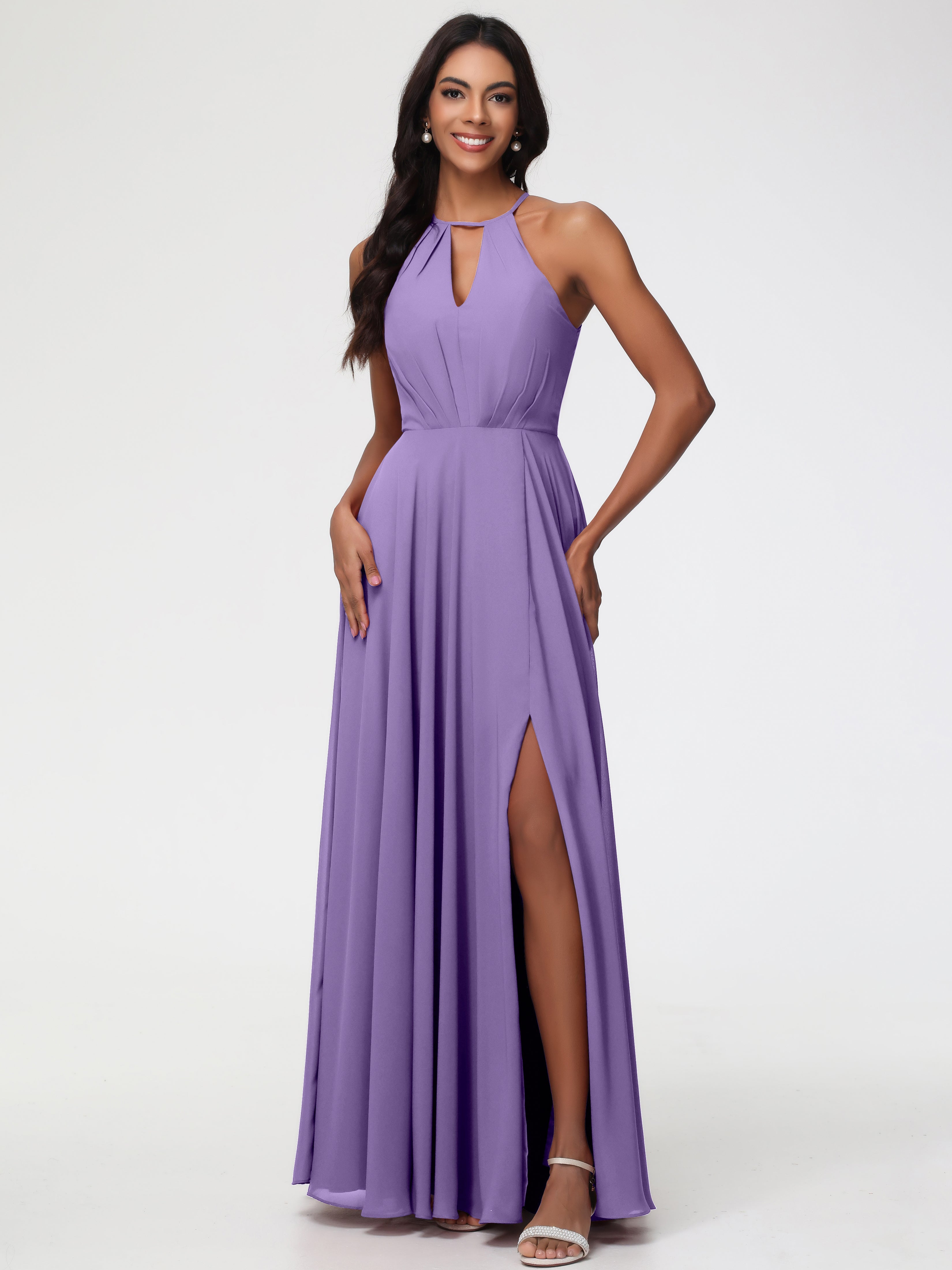 Tahiti Purple Bridesmaid Dresses Halter A-Line Sleeveless Floor Length Chiffon Bridesmaid Dresses with Slit Tahiti Purple Bridesmaid Dresses Halter A-Line Sleeveless Floor Length Chiffon Bridesmaid Dresses with Slit